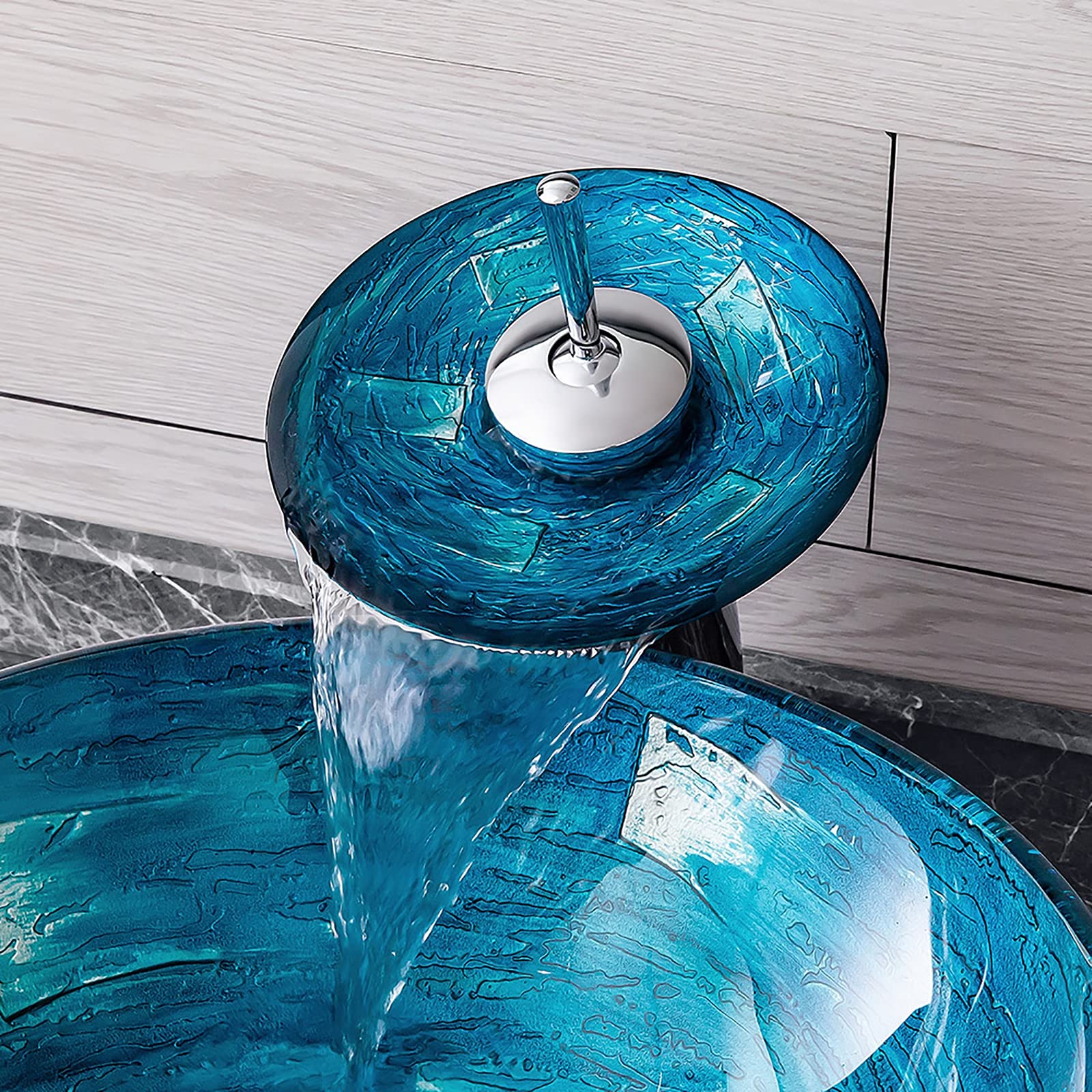 Lavandino da appoggio per Il Bagno, lavabo da appoggio Rotondo in Vetro temperato, lavabo da appoggio Blu, lavabo da appoggio Artistico con Scarico a Scomparsa