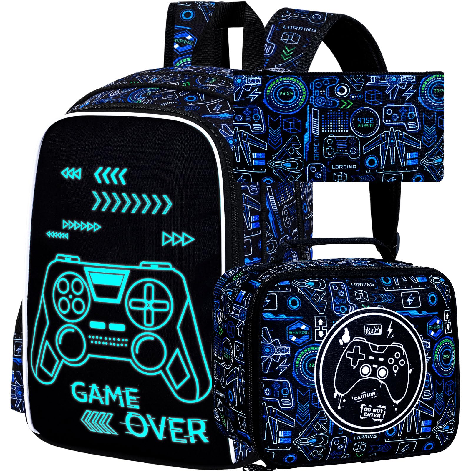 FTJCF 17 Inches Glow in The Dark Gamer Backpack for Boys, 3Pcs video Game School Bookbag Set for Teens, Laptop Backpacks with Lunch Bag(Blue)