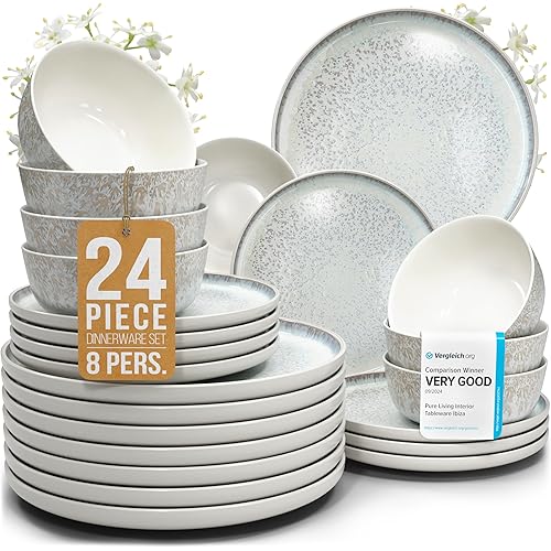 Stoneware dinnerware set 8 persons 24 pcs - Mediterranean dinnerware set, dishwasher, microwave and scratch resistant - bowl and plate set - dinnerware Pure Living Light Beige…