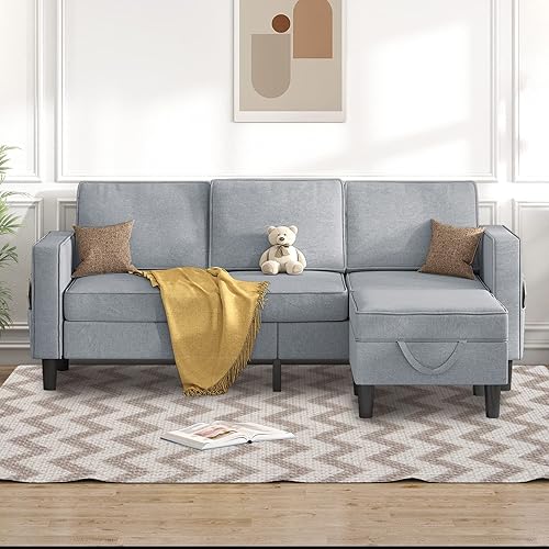 BALUS Sofá modular convertible con otomana de almacenamiento, sofás seccionales en forma de L de lino para sala de estar, sofá modular de 3 asientos