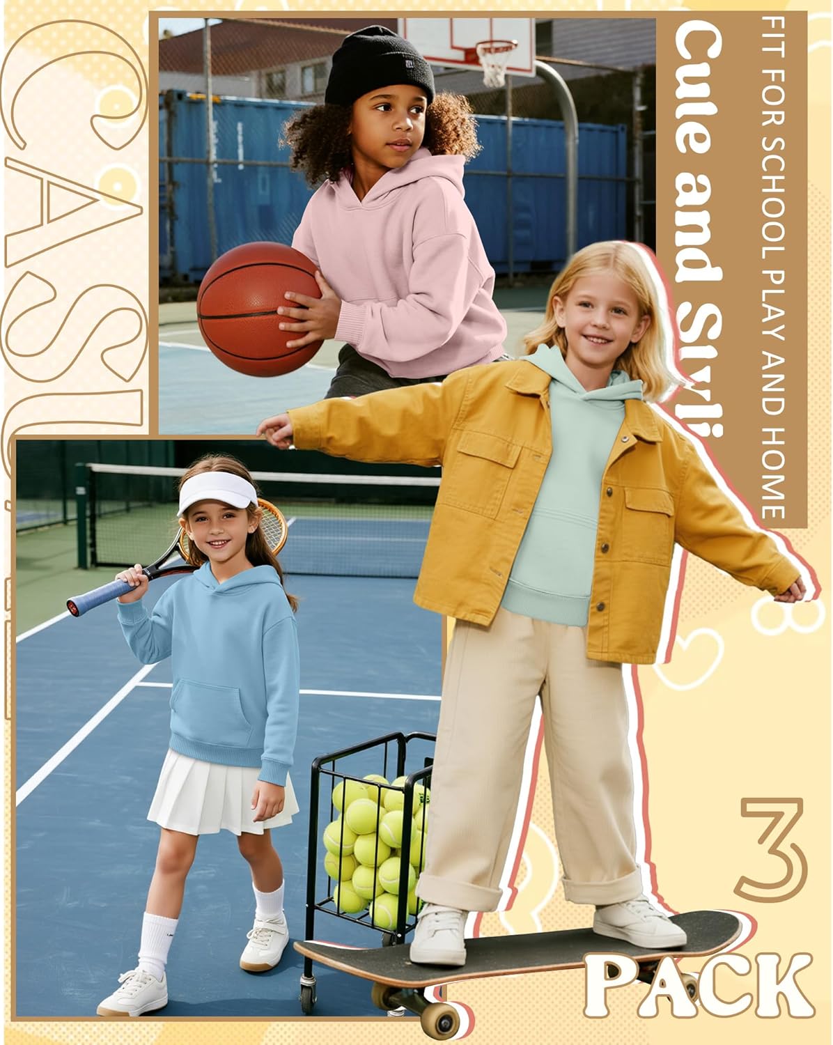 3 Pack Girls Hoodies Lightweight Kids Oversized Hooded Sweatshirt Cute Long Sleeve Pullover Sweatshirts with Pocket - Image 5