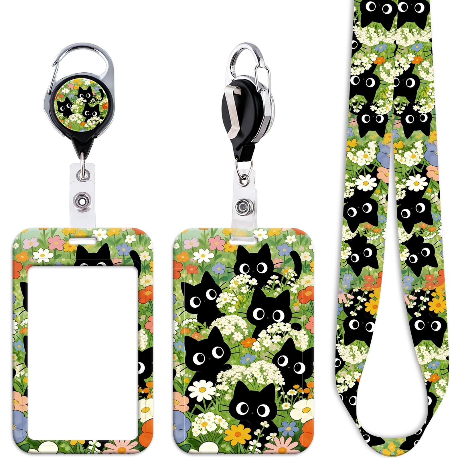 Cute Black Cats Lanyard with Card Holder Cute Flowers Work Retractable Badge Holder Reel ID Badges Holder Lanyard for Neck for Keys Name Tag for Women Girls Kids Teachers Nurses Staff, Office & School — image 1