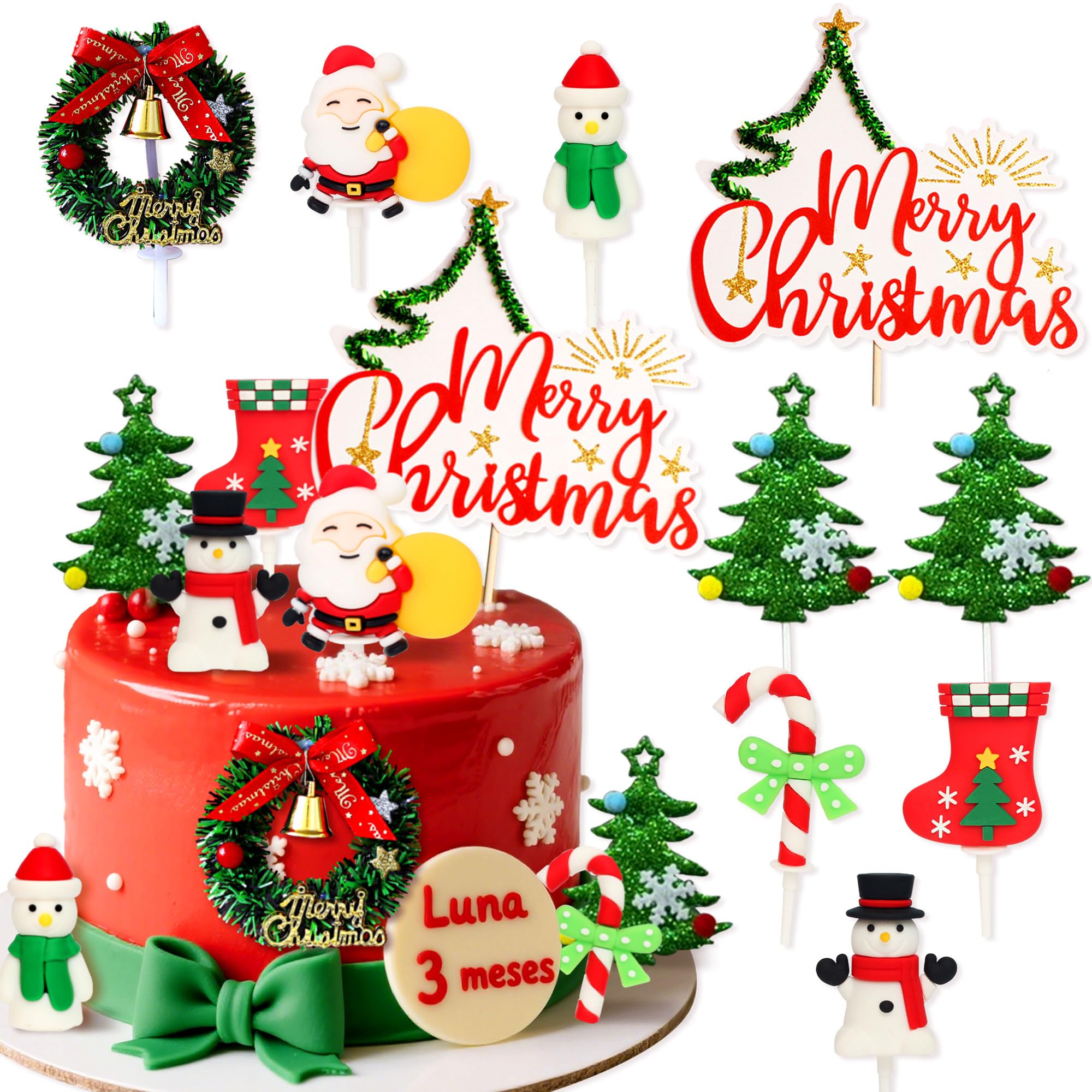 LaVenty 9 Pack Santa Claus Merry Christmas Cake Toppers Snowman Deer Christmas Tree Cake Topper Picks for Merry Christmas Theme Holiday Party Cake Decorations Supplies