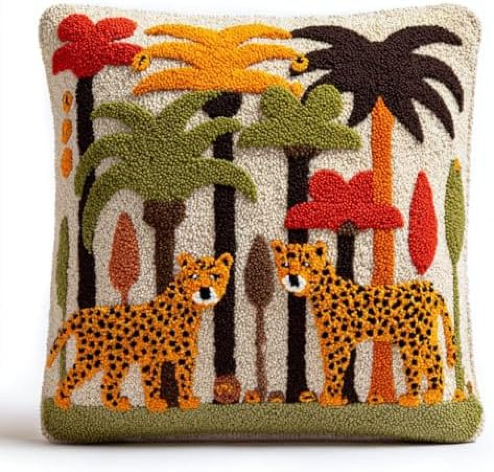 kitphoenix DIY Latch Hook Cushion Kit for Adults,Cheetah and Forest,Handmade Cushion Cover Craft Set,Creative Gift for Women with Yarn and Hook,43x43 cm