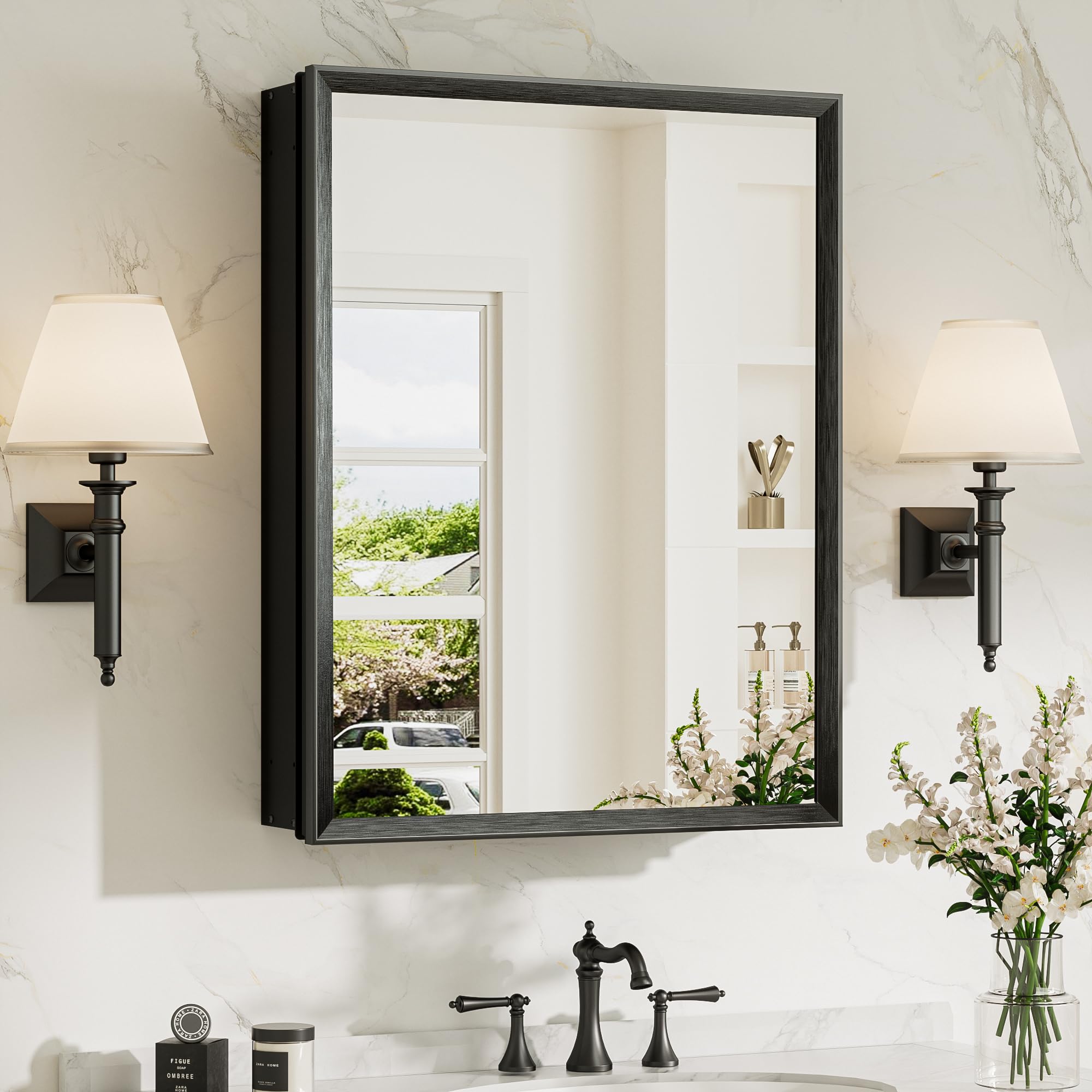 tokeshimi 20 x 26 mirror medicine cabinet for bathroom, assembly required, black recessed medicine cabinet with mirror, steplessly adjustable shelves, beveled aluminum frame, tempered glass