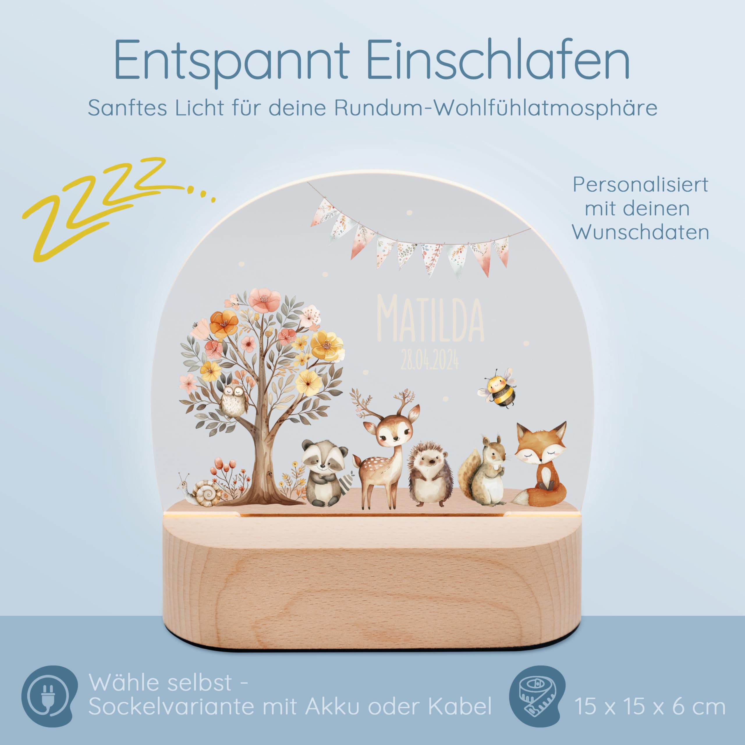Bärenfreunde® - Personalisiertes Nachtlicht für Babys - Individuelle Nachttischlampe für Kinder - Personalisierte Geschenke Kinder - Babygeschenk - Geschenk zur Geburt (Blumenbaum Tiere)