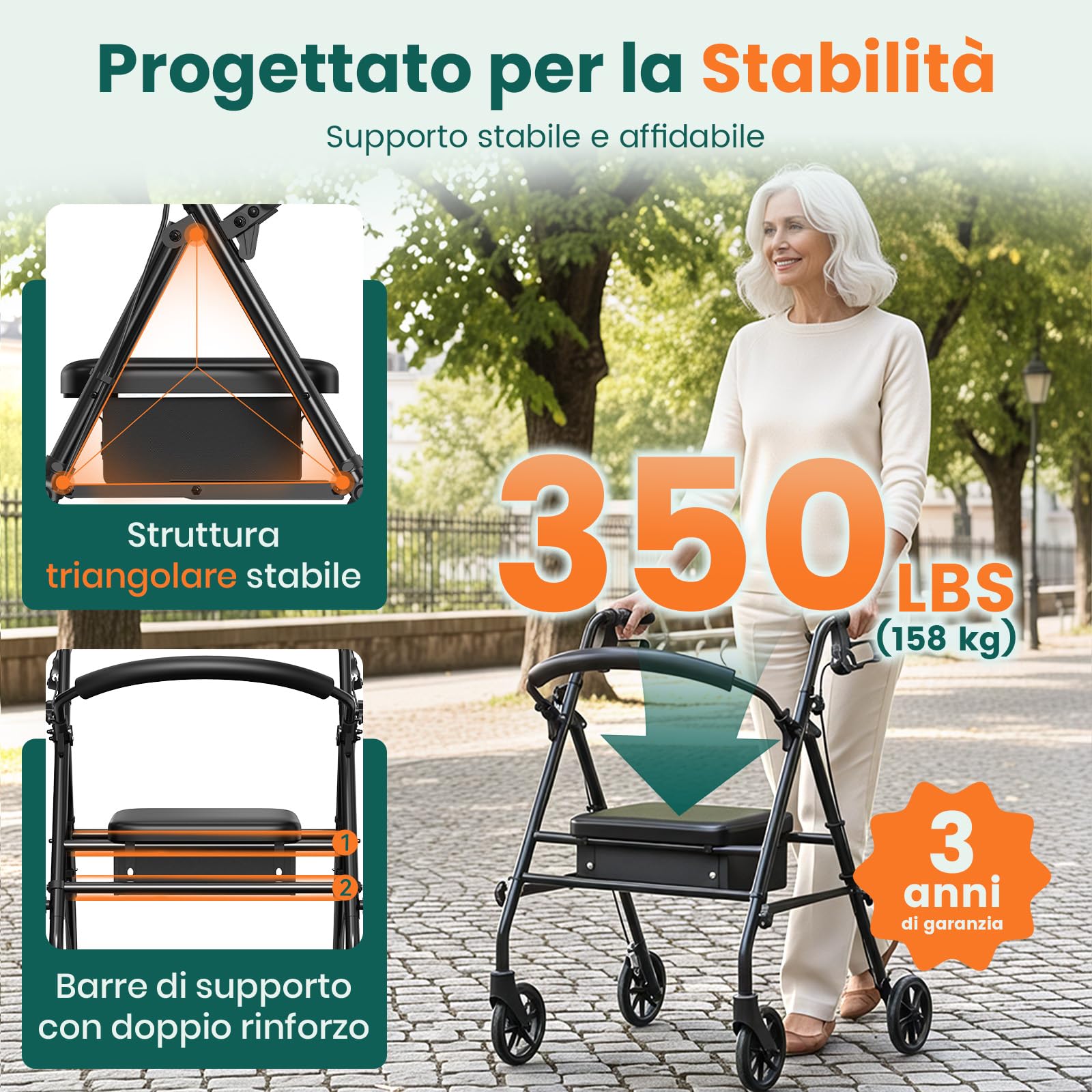 Deambulatore Rollator con Sedile e Spazio di Stoccaggio – Ausilio di Camminata Leggero e Pieghevole a 4 Ruote per Anziani e Disabili, Uso Interno ed Esterno, Nero
