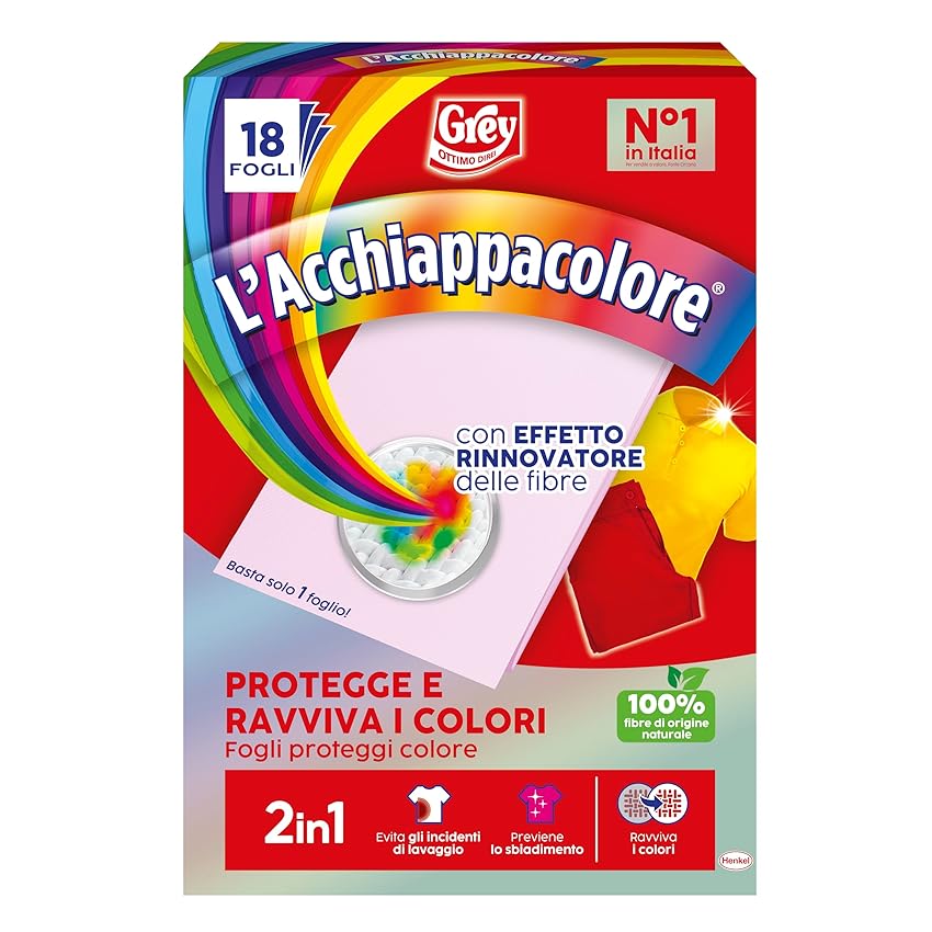 Grey L'Acchiappacolore 2in1 Protegge e Ravviva i Colori, Fogli Cattura Colore e Proteggi Colore, Confezione da 18 fogli