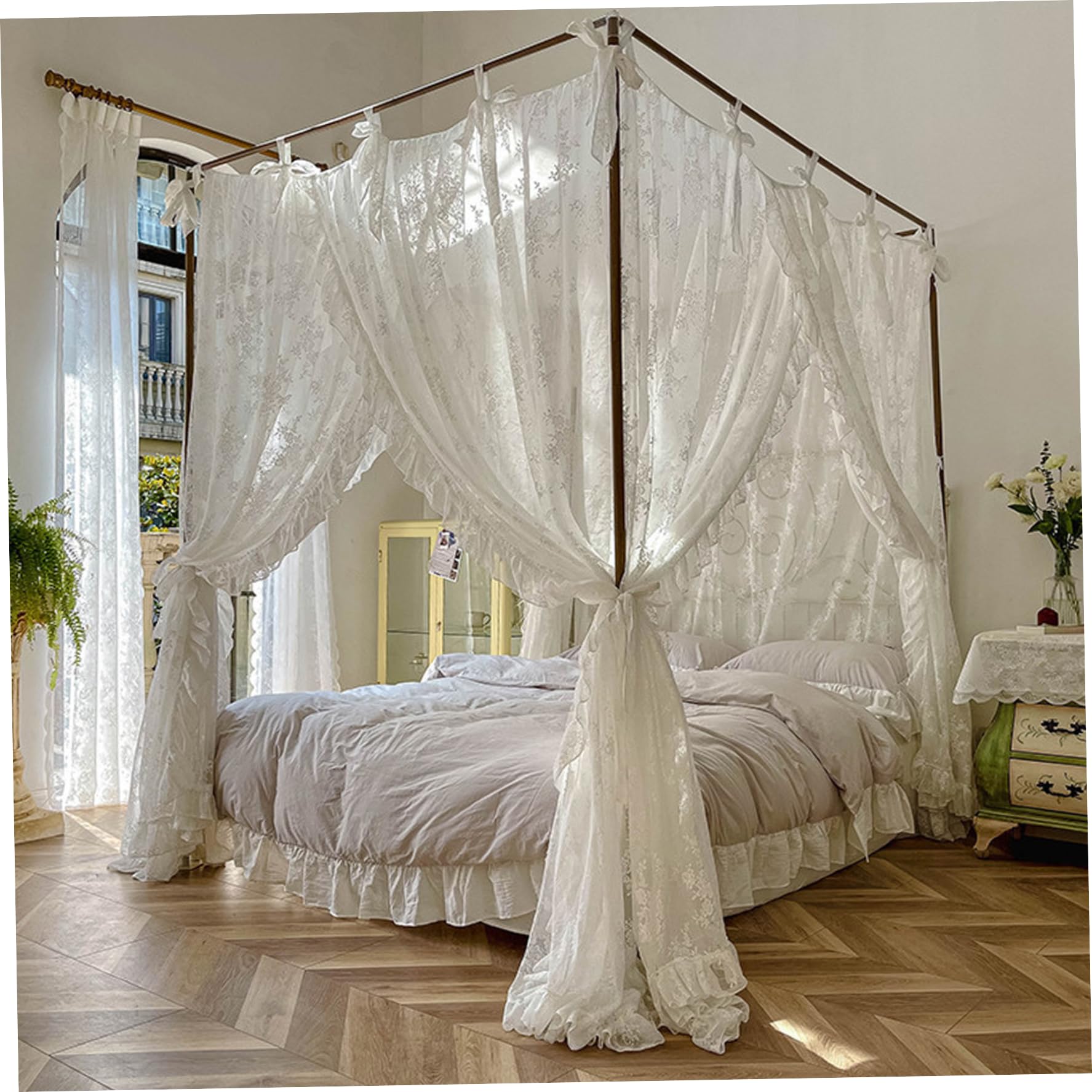 Comebachome Lace Princess Canopy Bed Curtains, Three-Opening Hanging Bed Canopy with Ties Fit 4.92ft
