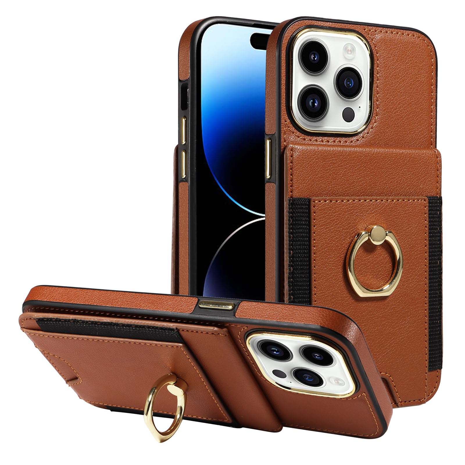 S. Tedazo for iPhone 14 Pro Max Wallet Case with Credit Card Holder and 360° Rotation Ring Stand, RFID Block Flip Leather Shockproof Cover for iPhone