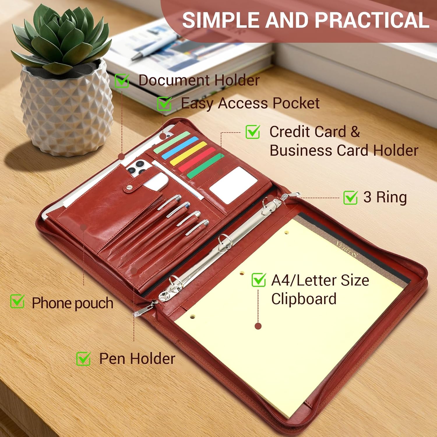 Faux Leather Portfolio with Handle – 3-Ring Padfolio Organizer for 13.9" Laptop/Tablet, A4 Legal Pad Holder, Multi-Pocket Business Folder for Work, Office & Meetings & Daily Commute (Brown)