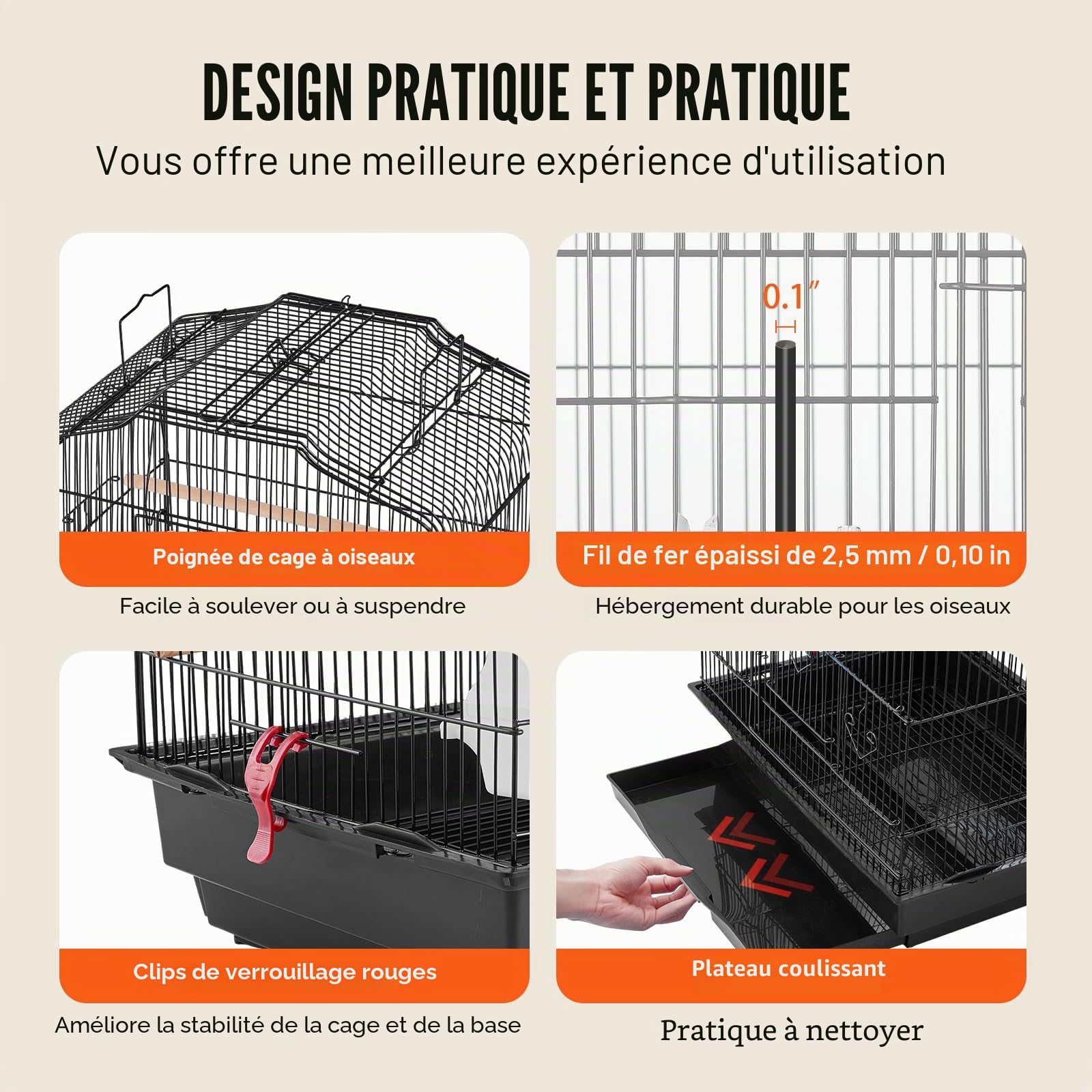 VEVOR Grande Cage Oiseau Métal Suspendue 45,7 x 35,5 x 92,5 cm Dessus Ouvert Balançoire Perchoir pour Perruches Pinsons Canaris