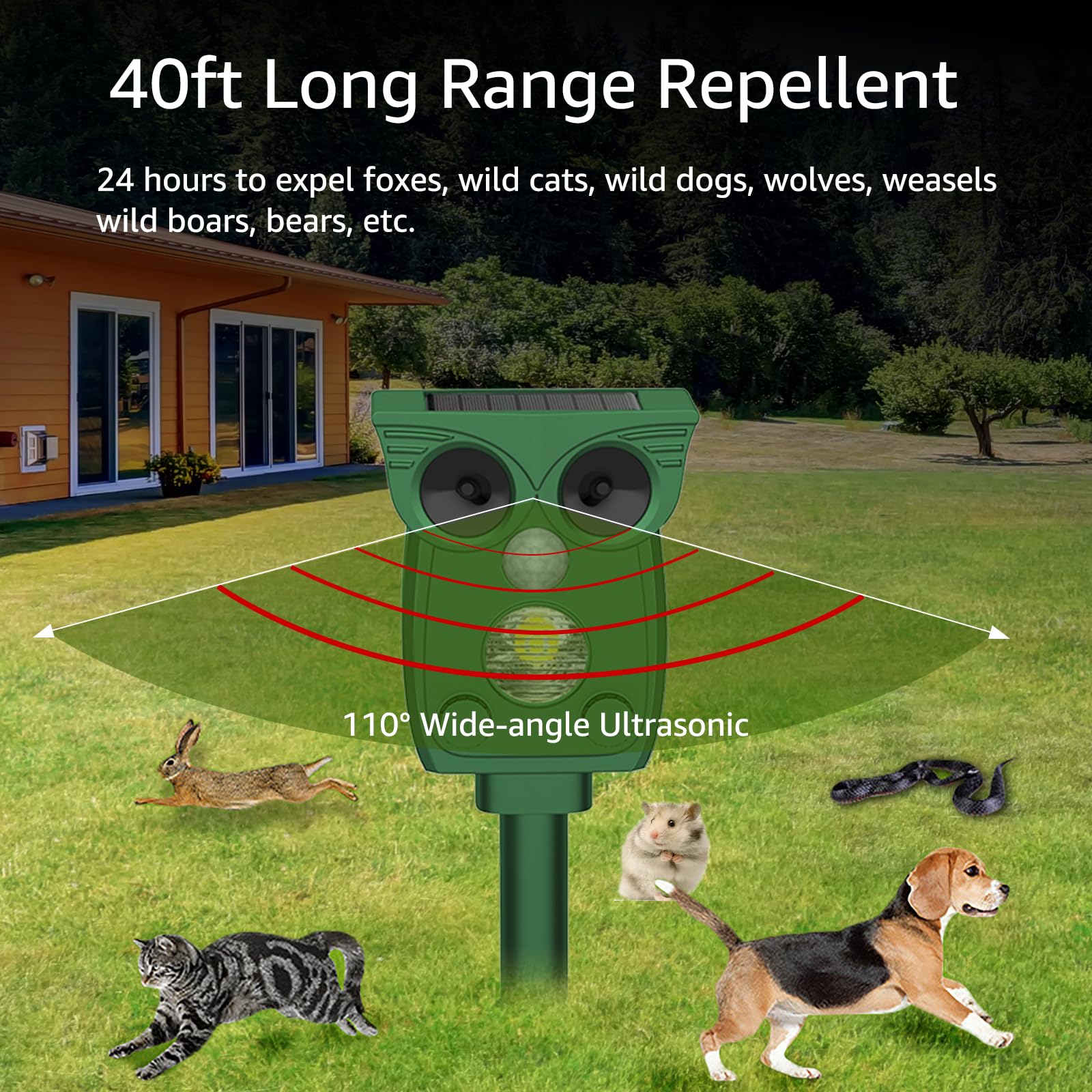 Répulsif pour chats pour jardins UK, répulsif antiparasitaire solaire à ultrasons, dissuasif pour pigeons, effaroucheur de chats, dissuasifs pour renards pour jardins UK, étanche IP54, lampe de poche