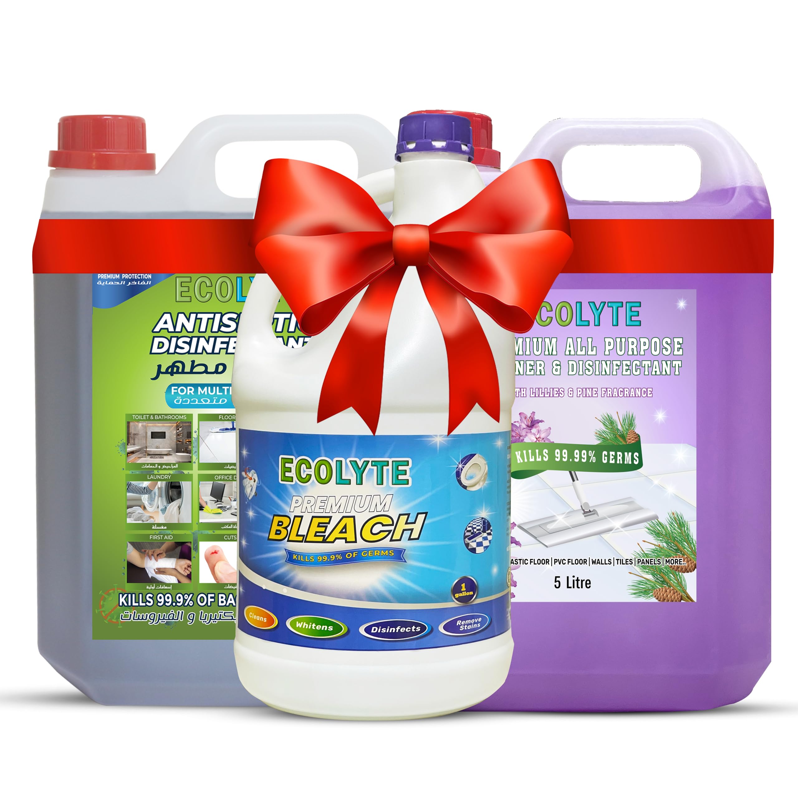 Ecolyte+ Household Essentials-2, All Purpose Cleaner, Germ Protection, Brighter Whites, Personal Hygiene Home & Commercial Use - (Antiseptic, Bleach & FC Lillies Pine - 5 liter, Pack of 3)
