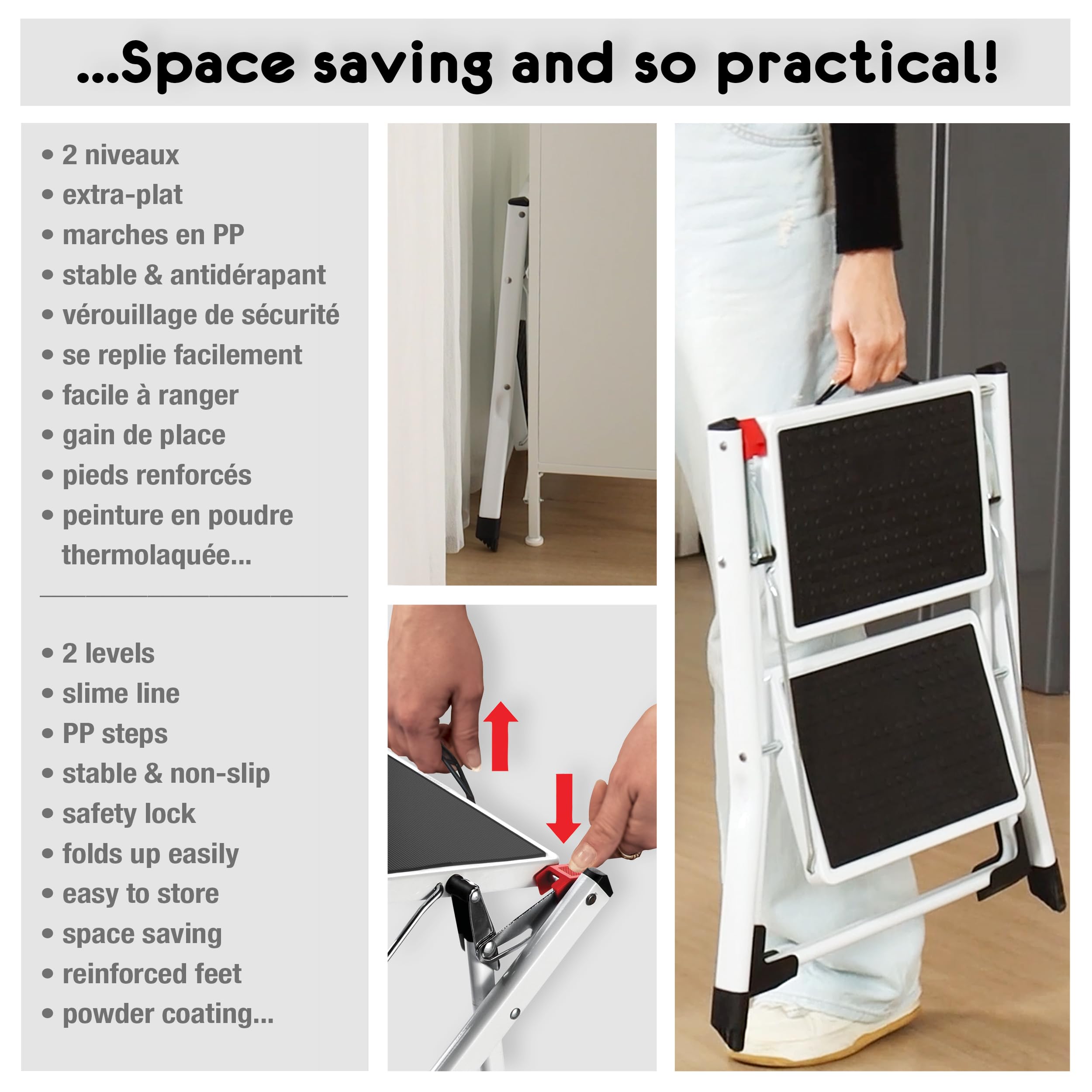 MSV - Marchepied Pliant 2 Marches en Acier - Charge 150 kg - Norme GS Sécurité - Antidérapant et Compact - Idéal Maison, Cuisine, Bureau et Bricolage - Blanc