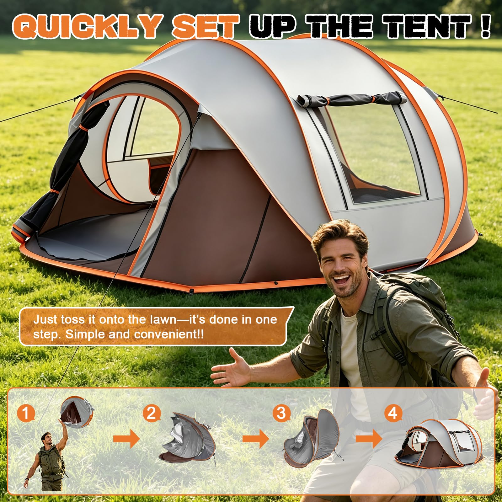 Camping Zelt, Pop Up Zelt 4-5 Personen, Automatisches Aufstellzelt in 3 Sekunden, Wurfzelte Wasserdicht Sonnenschutz, Familie Zelt, Tragbares Leichtes Kuppelzelt für Outdoor Camping