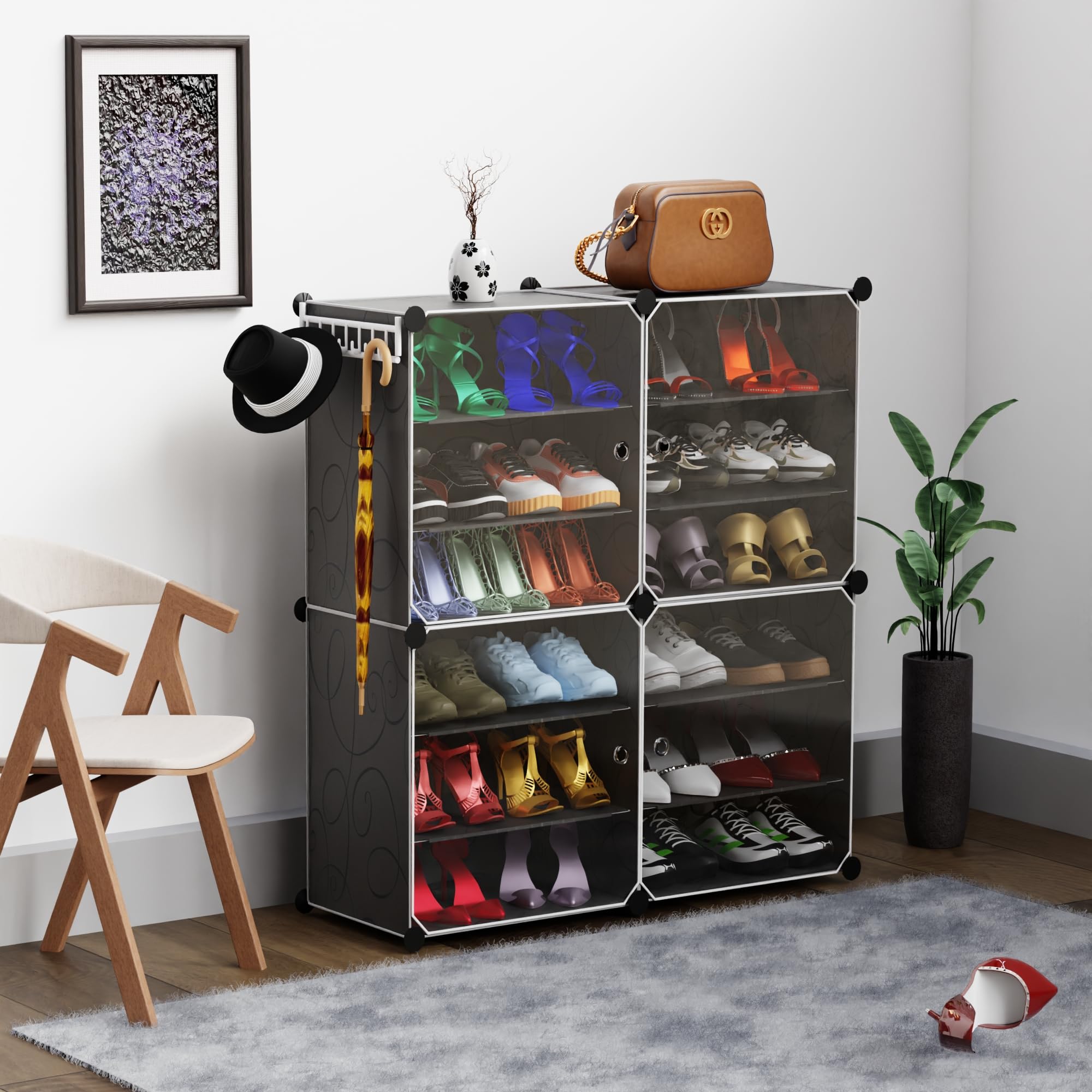 Shoes Cabinet, 3 Rows per Cube, for Closet and Entryway, Convertible with Doors, Shoe Rack, Strong Lightweight, Wardrobe Shoes Organizer Storage Box (4 large size cubes, Black)