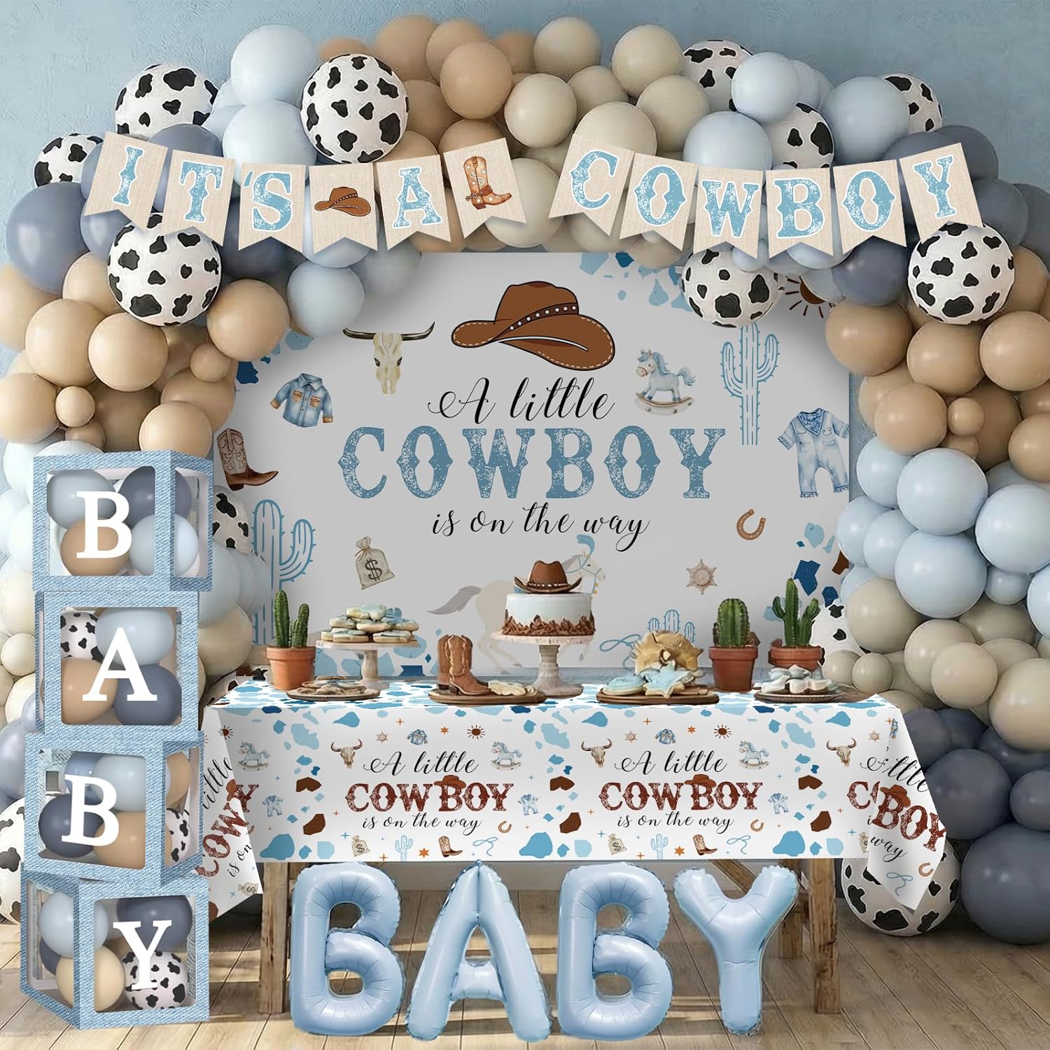 Cowboy Baby Shower Decorations for Boy, Blue Brown Balloons Arch Kit Balloon Boxes A Little Cowboy is on the Way Backdrop Banner Tablecloth Cake Topper Sash Corsage for Western Baby Shower Decor
