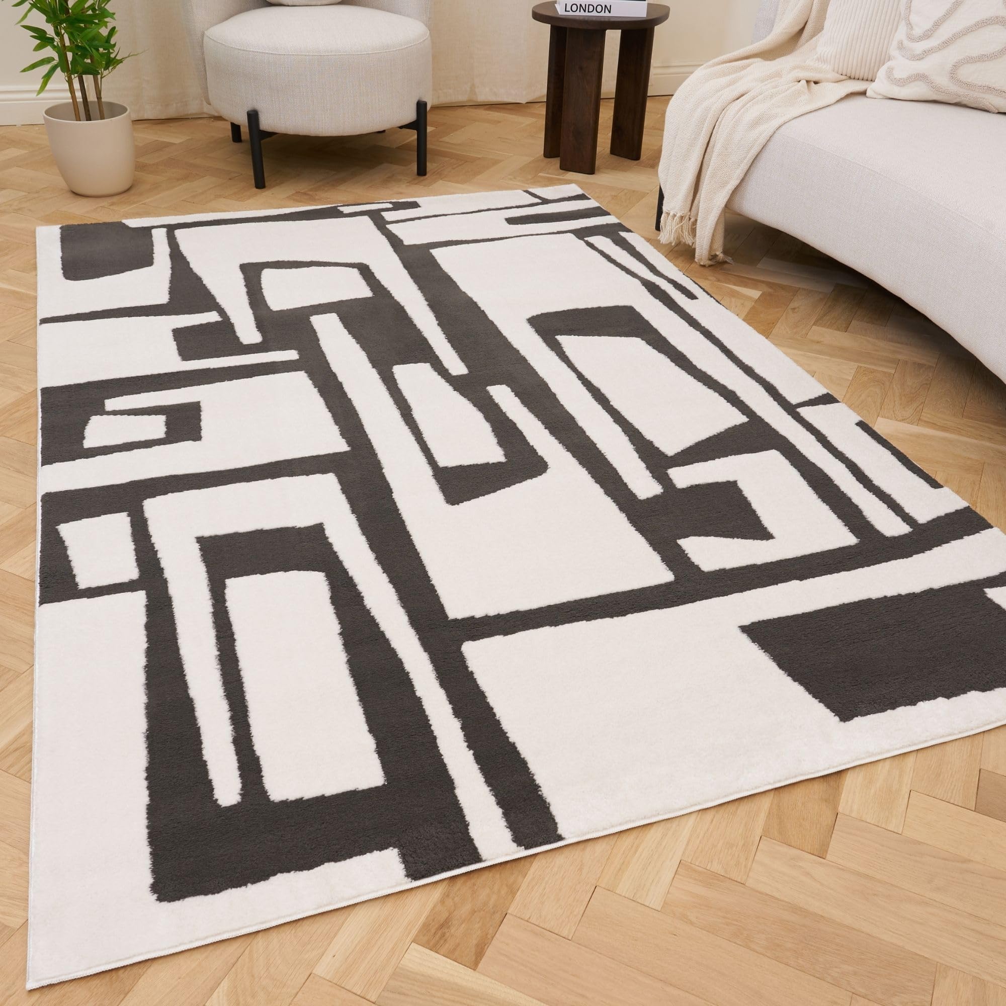 THE RUGS Loft Abstract Living Room Area Rug & Runners Soft Pile in Dark Grey | Size: 200cm x 290cm