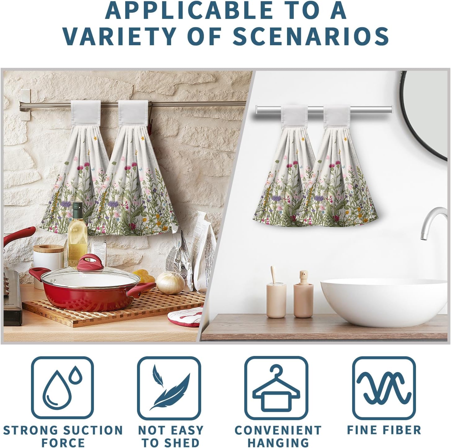 Wildflower Floral Hanging Hand Towels Set of 2 Spring Summer Vintage Flower Kitchen Towels with Hanging Loop Rustic Garden Herbs Plants Dish Towels Soft Absorbent Bath Tie Towel for Farmhouse Decor - Image 7