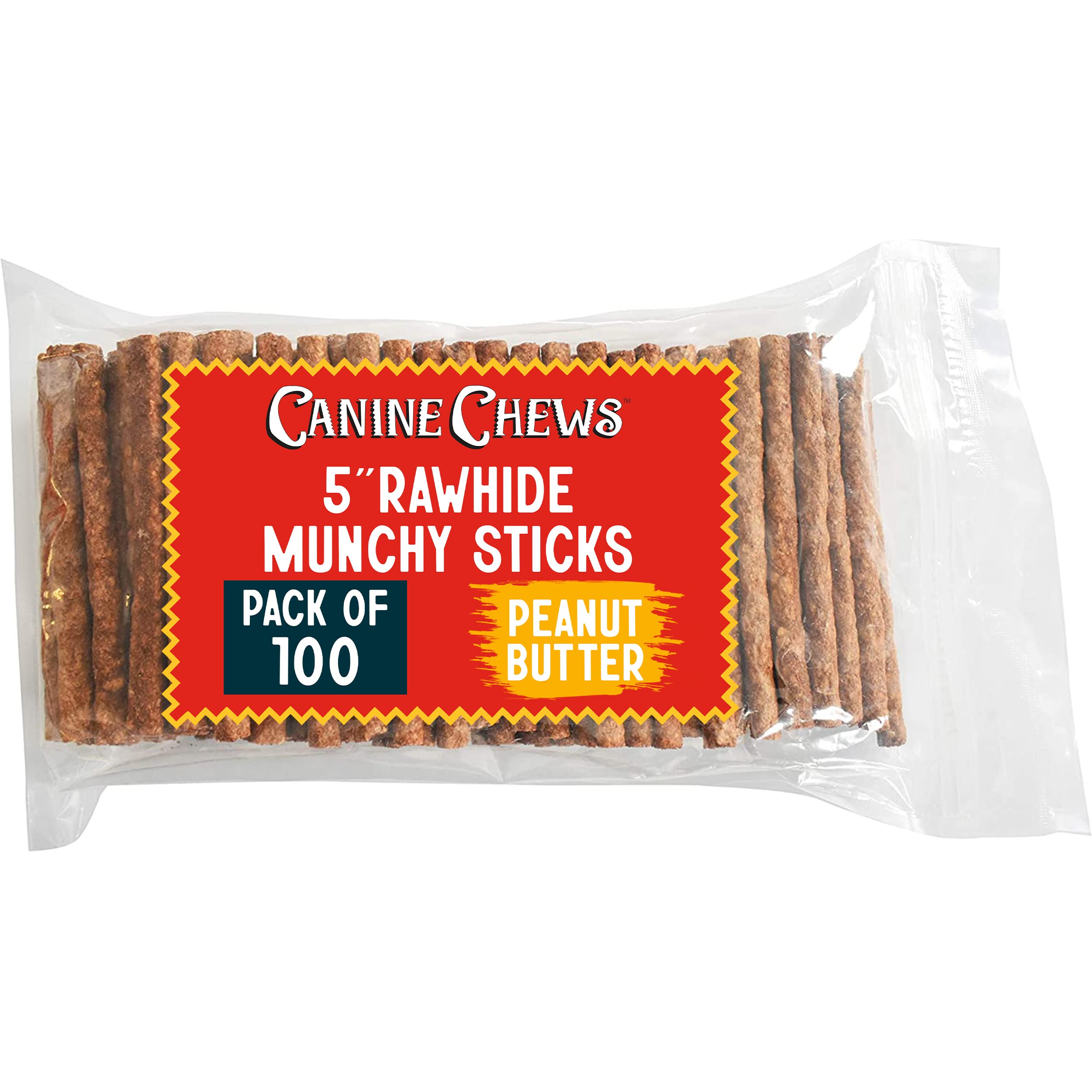 Canine Chews 100 Pack 5" Dog Treat Sticks for Small Dogs Munchy Dog Snack Sticks (Peanut Butter)