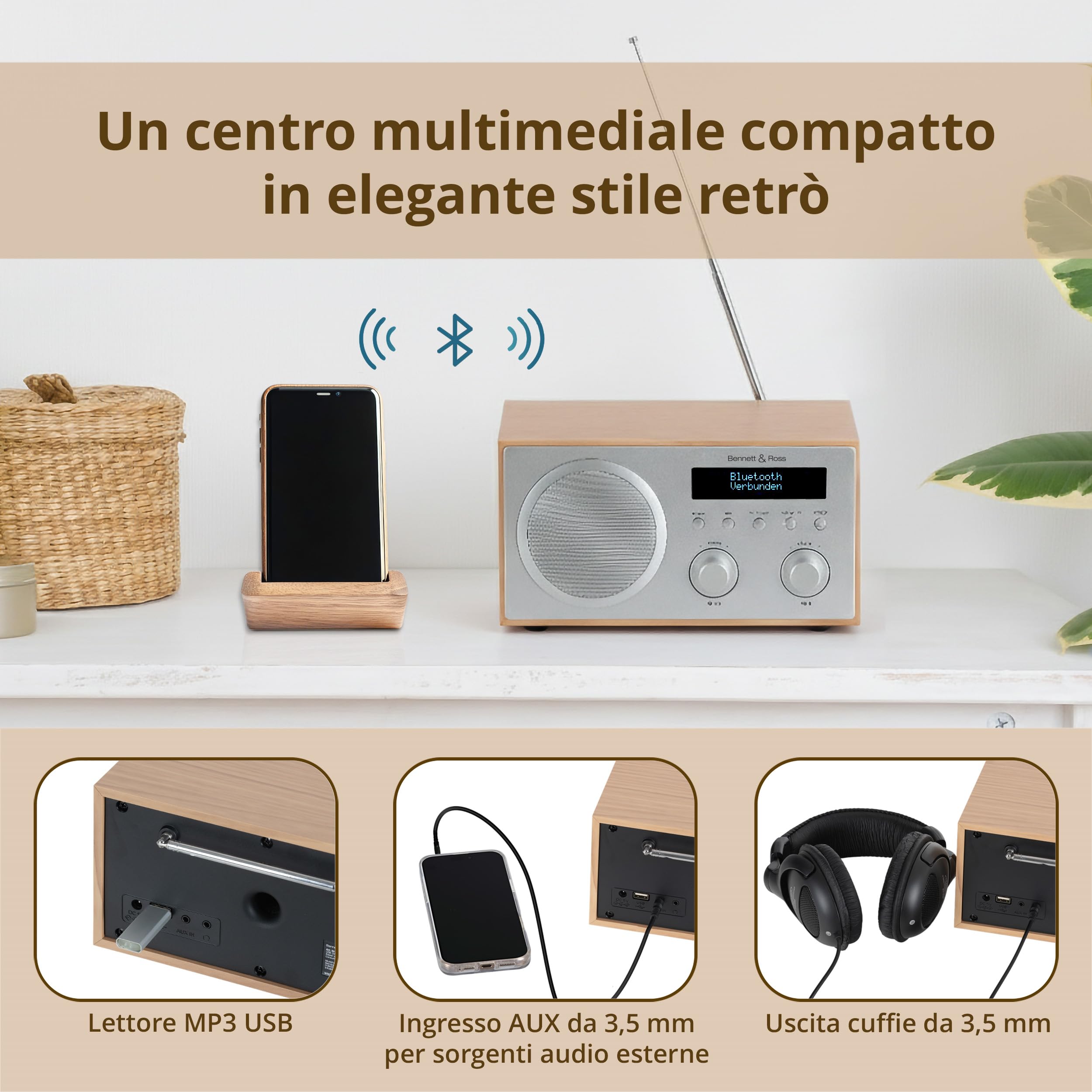 Bennett & Ross DAB-258 NT Vikedal Radio Digitale DAB+/FM - Streaming Bluetooth dallo Smartphone - Lettore USB MP3 e AUX - Doppia Sveglia con Snooze e Timer Di Spegnimento - Display LCD - Naturale