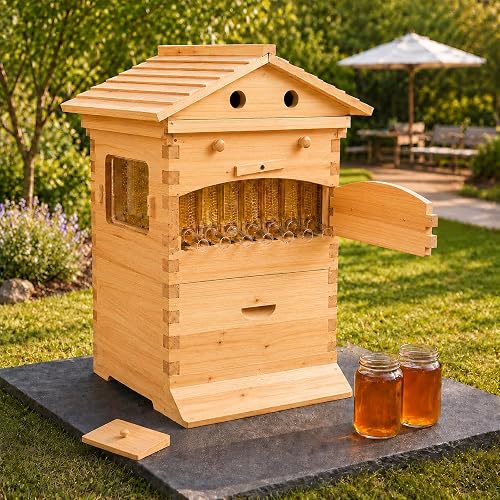 JYBBGO Flow Hive Beehive Starter Kit with 7 Auto Flow Frames, Wax Coated Wood Bee House with Observation Window JYBBGO Flow Hive Beehive Starter Kit with 7 Auto Flow Frames, Wax Coated Wood Bee House with Observation Window