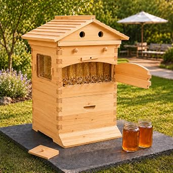 Flow Hive Beehive Starter Kit, 7 Auto Flow Frames Wax Coated Wood Bee House with Observation Window, Automatic Honey Flowing Bee Hives Boxes for Backyard Beekeeping, Complete Easy Harvest Kit