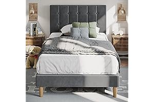 Twin Bed Frame with Upholstered Headboard For Kids (Grey)