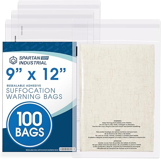 Spartan Industrial - 9” X 12” (100 Count) Self Seal Clear Poly Bags with Suffocation Warning for Packaging, T Shirts - Resealable Glue