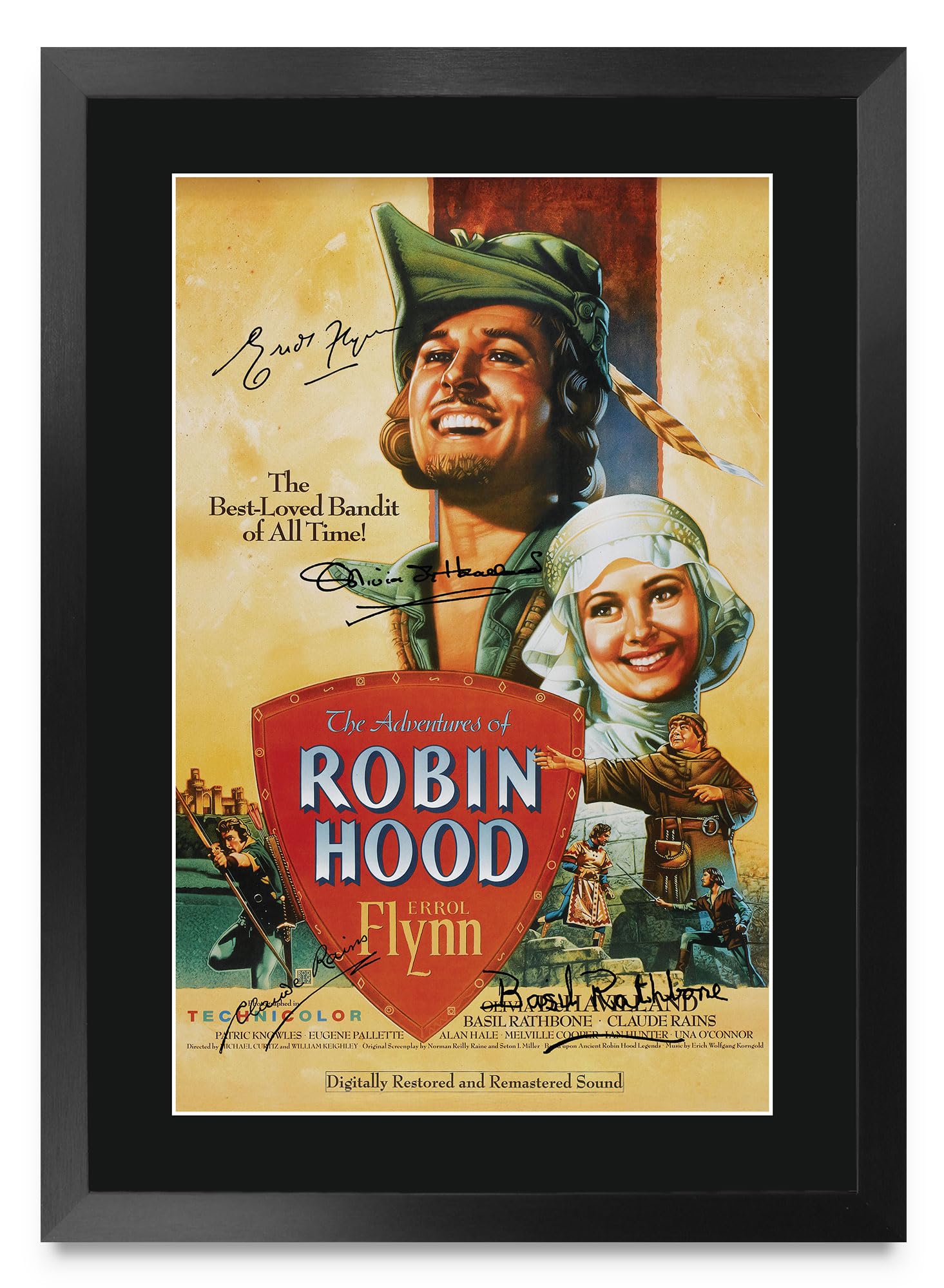 HWC Trading The Adventures of Robin Hood 1938 Errol Flynn Geschenke Geduckter Poster Signiertes Autogramm Foto für Fans von Film Memorabilien - A3 Gerahmt (ID-009980)
