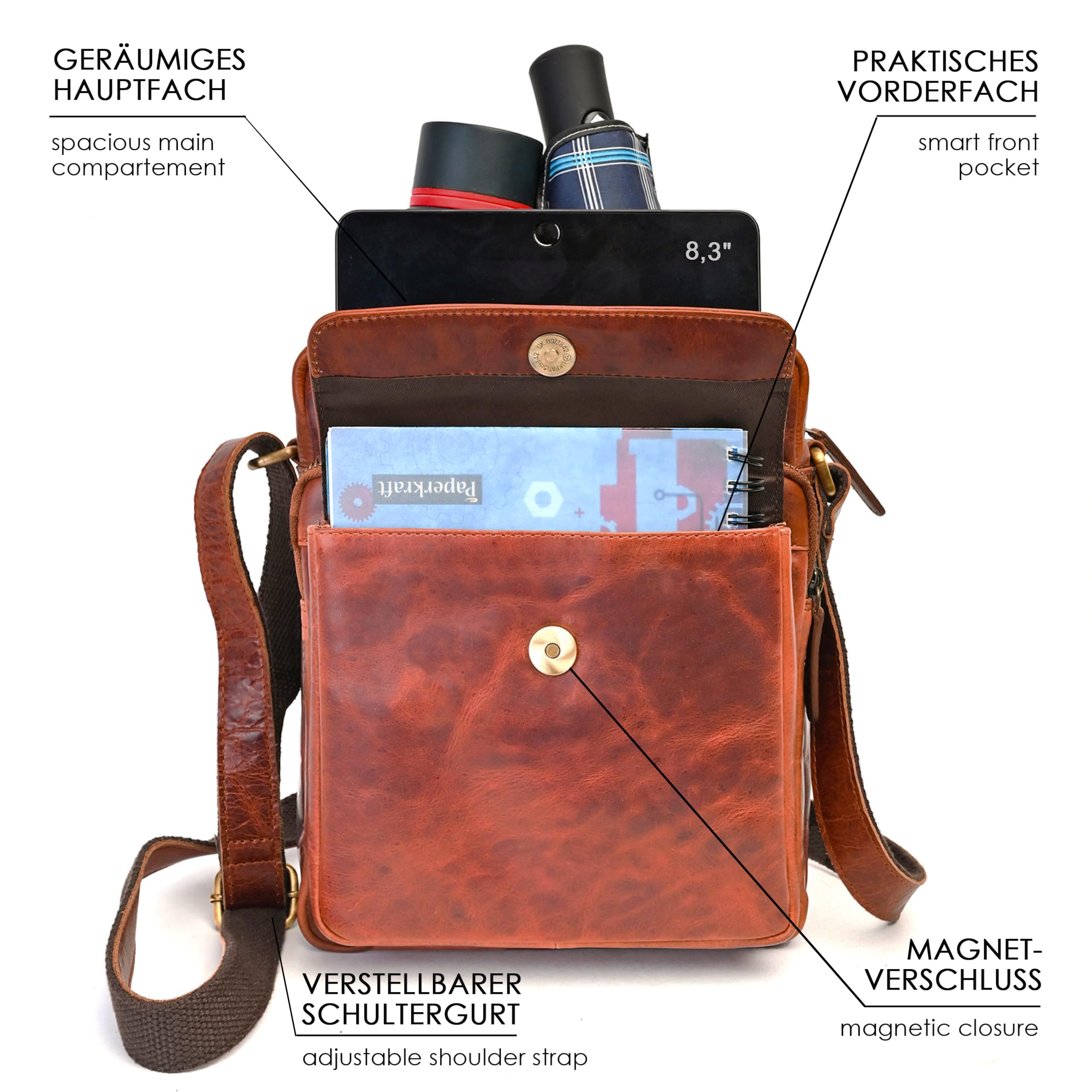 ALMADIH kleine Leder Umhängetasche Herren 8.3 Zoll iPad Mini & Tablet – MARC braun vintage Kompakte Ledertasche für Alltag & Reisen moderne Herren Messenger Schultertasche Freizeittasche Herrentasche