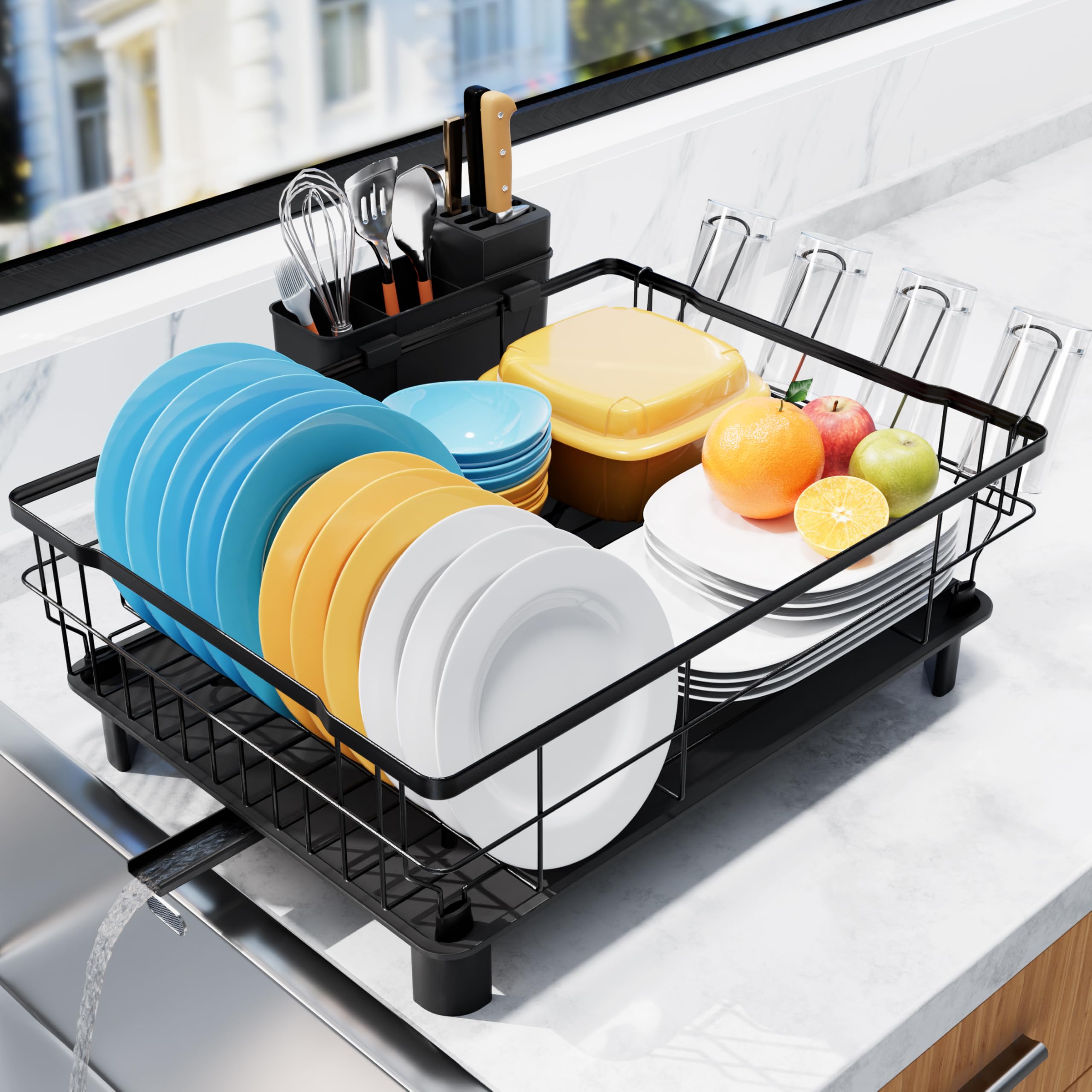 Homaxy Dish Drying Rack for Kitchen Counter, Space-Saving Dish Drainer Rack Set with Drainboard and Spout, Large Dish Rack with Utensil Holder, Cup Rack and Knife Slots, 16.9''L x 12.9''W, Black