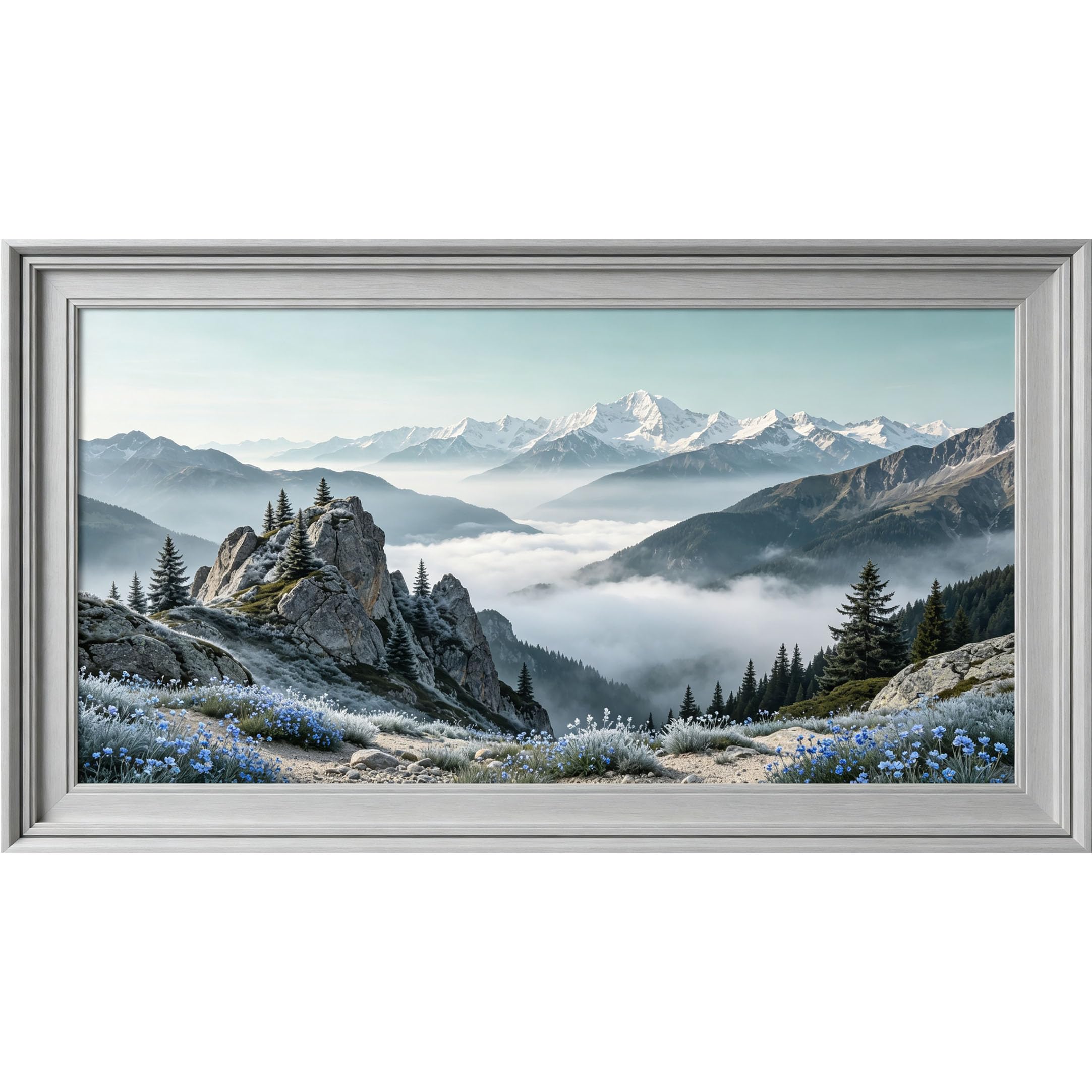 QZLITHOTIC 50x90cm3D Framed Wall Art， Mountain Landscape Misty Valley with Blue Wildflowers Self‑Adhesive Mural， Water‑Activated Peel & Stick Fabric Decor Wall Decal for Bedroom Living Room
