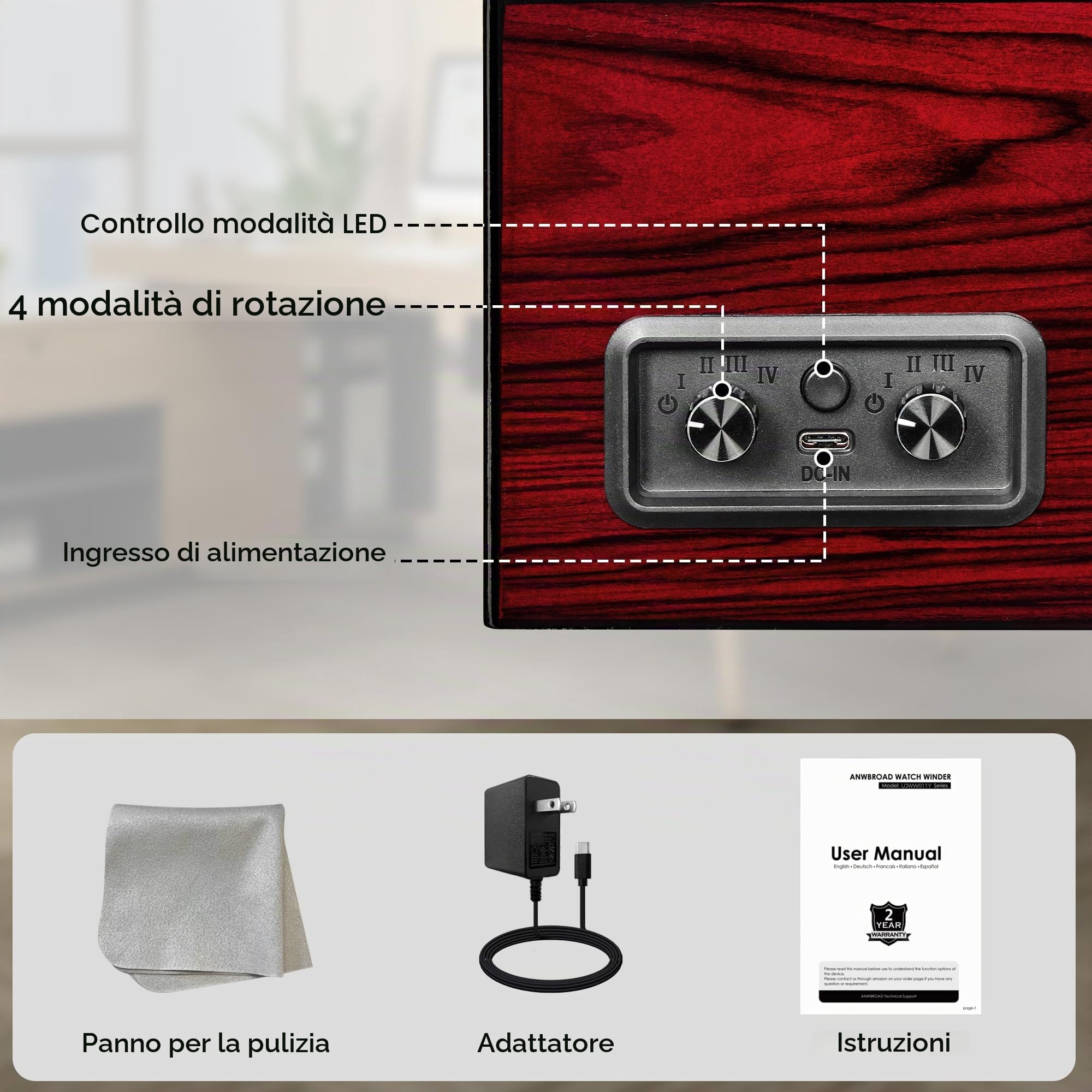 ANWBROAD Watch Winder, Scatola Caricaorologi Automatica con Luce LED, Rotazione Automatica Dell'orologio, 4 Rotatori per Orologi e Motore Super Silenzioso, JWW011Y