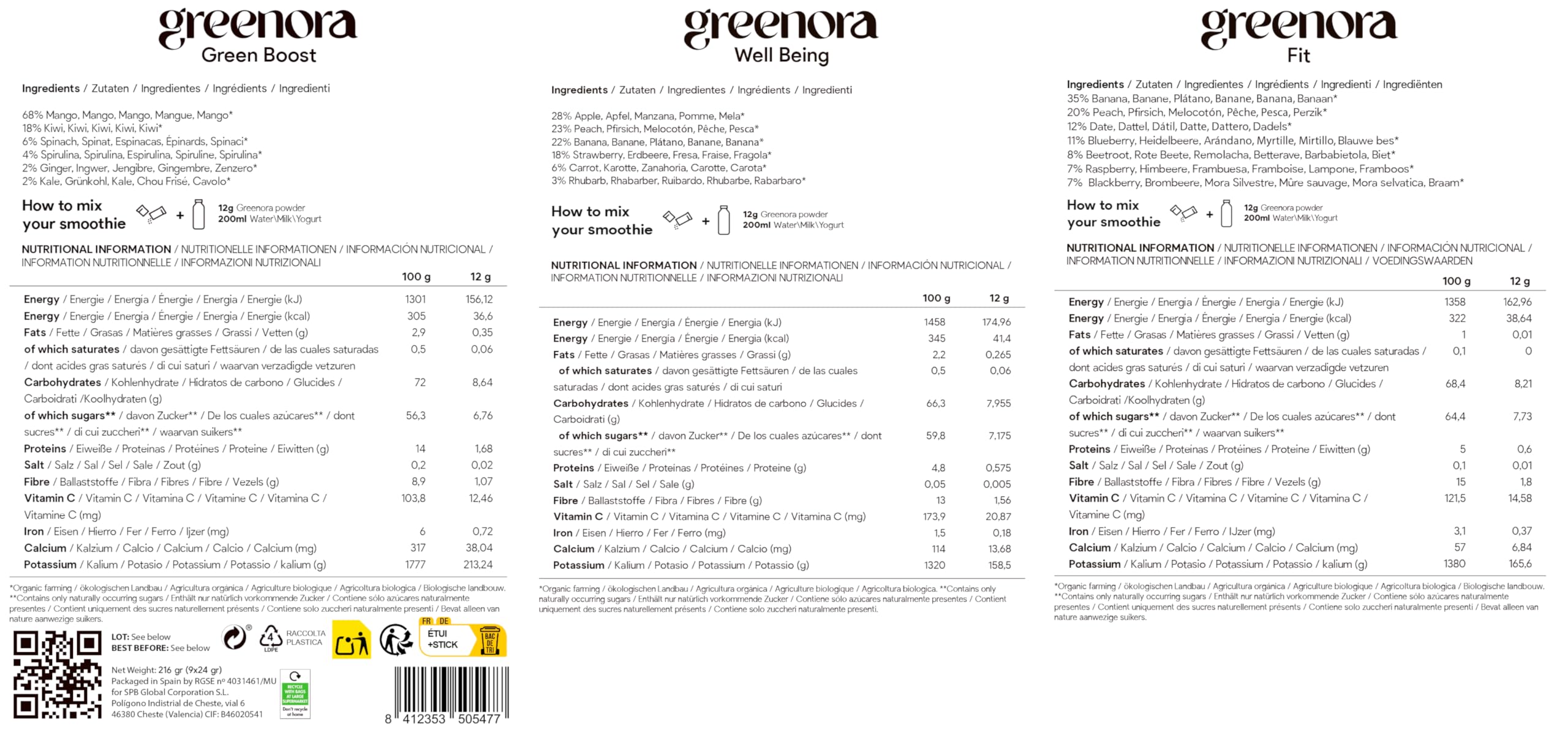 GREENORA Smoothie Bowl Fruits Lyophilisés Poudre 100% Naturel. Mangue Banane Fraise Framboise Betterave Myrtilles. Séchée Déshydratée Vegan. 9x24g.