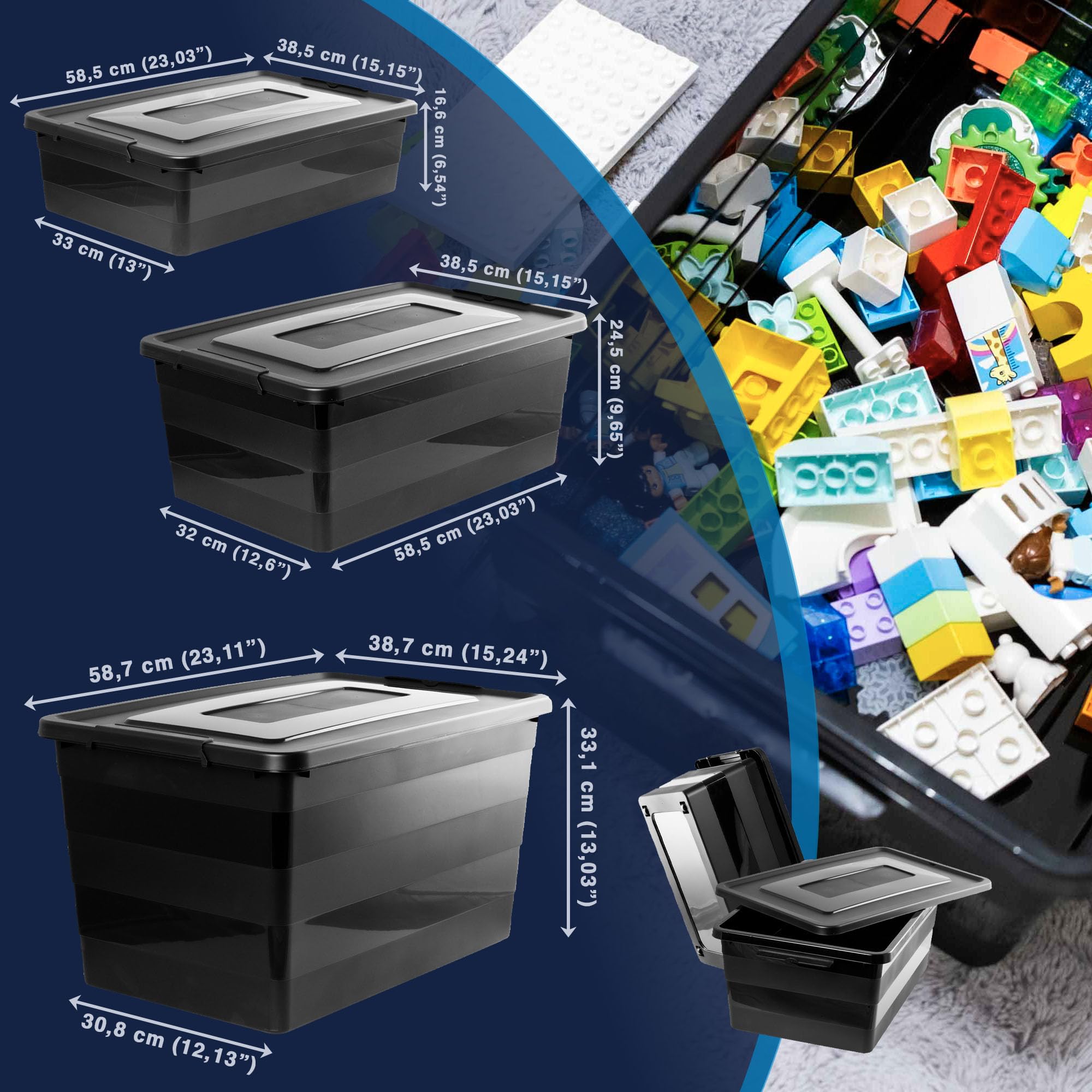 3x Aufbewahrungsbox Mit Deckel Mit Rollen 3er-Set 28L, 40L, 55L Organizer Kunststoff Behälter Container Mit Rädern Kleiderboxen Box Plastik Schwarz