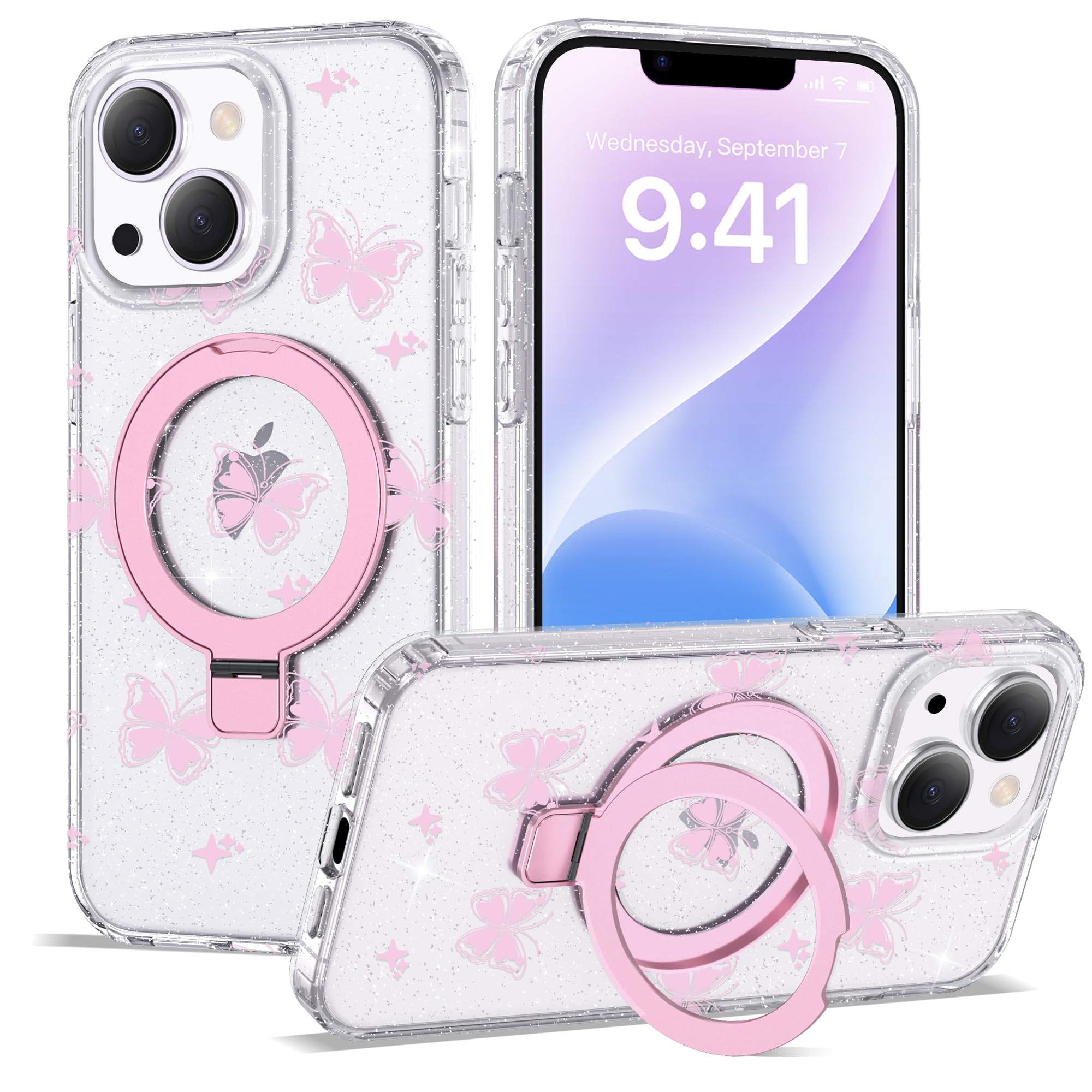 Compatible with iPhone 13 14 Case Clear Pink Butterfly Pattern Design with Magnetic Ring Stand Compatible with Mag-Safe