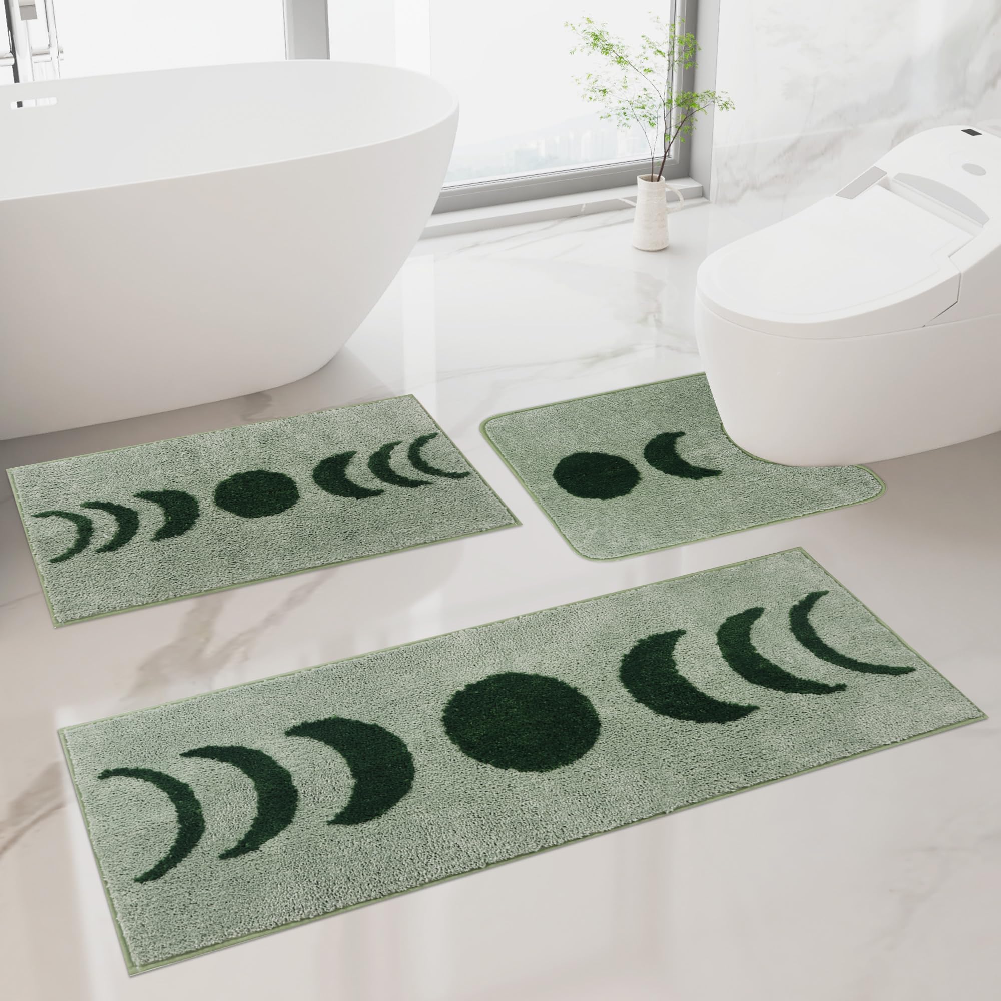 Schweek Juego de 3 tapetes bohemios para baño, antideslizantes, con forma de U, absorbentes de agua, fases lunares, lavables, color verde