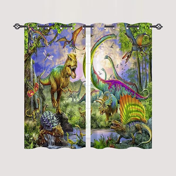 ANHOPE Dinosaur Curtains Eyelet Ring Top Thermal Insulated 80% Blackout Curtains with Jungle Animal Dino T-Rex Print Pattern Window Drapes for Kids Boys Girls Bedroom 28 x 54 Inch Drop 2 Panels - 1