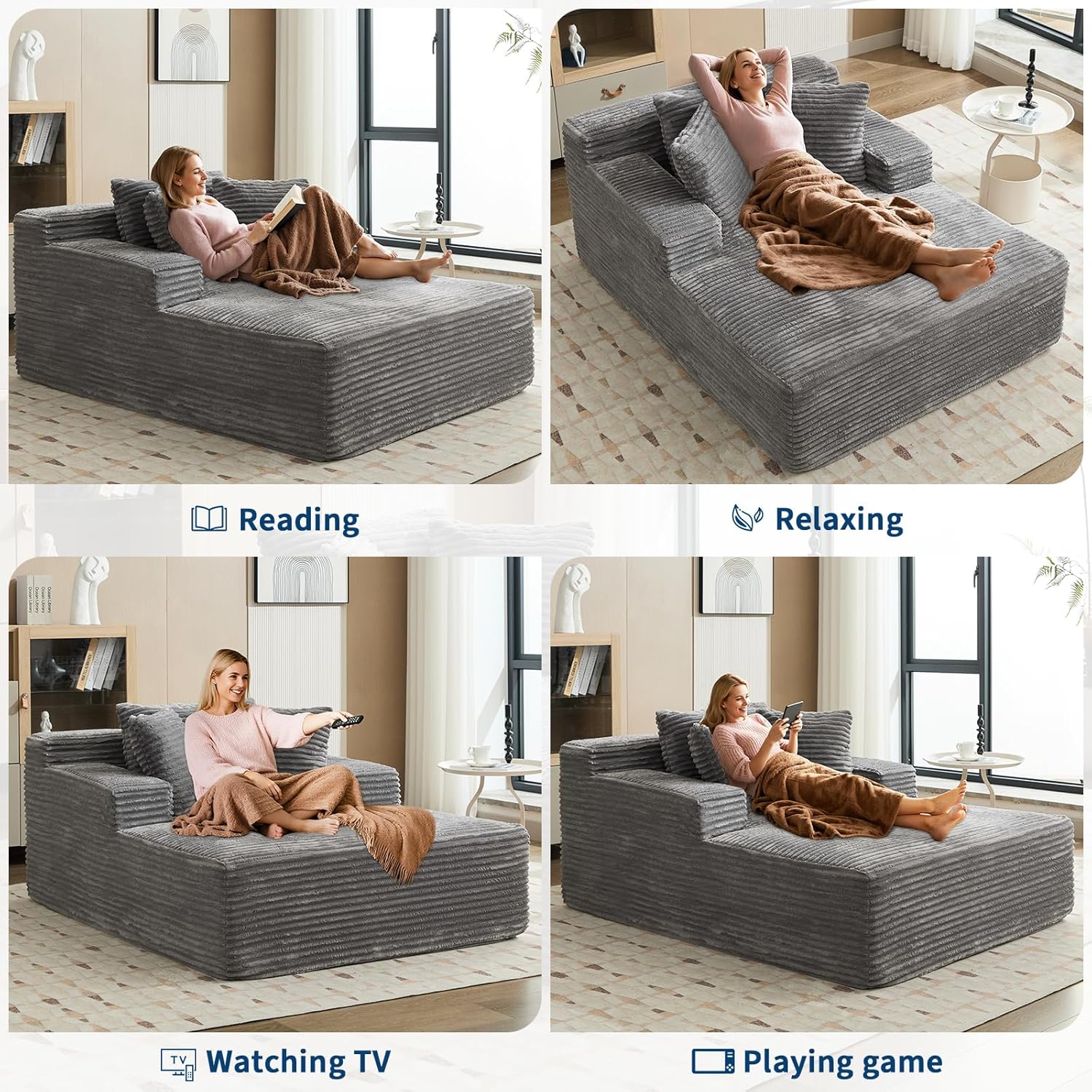 Garvee 50" Oversized Chaise Lounge Indoor Boneless Couch with 3 Pillows Corduroy Sofa Bed, Comfy Sleeper Chair for Living Room Bedroom Reading Chair No Assembly Required, Grey