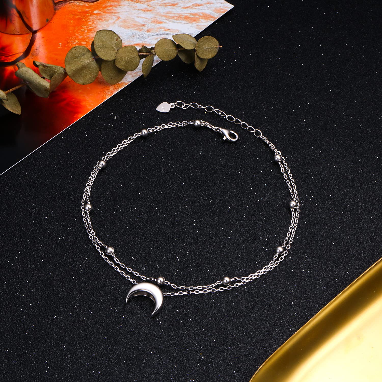 Flyow Moon Layered Fußkettchen 925 Sterling Silber für Damen Mädchen Einstellbare Perlen Halbmond Knöchel Armband Boho Strand Fuß Kette 9+1,5 Zoll Charme Schmuck