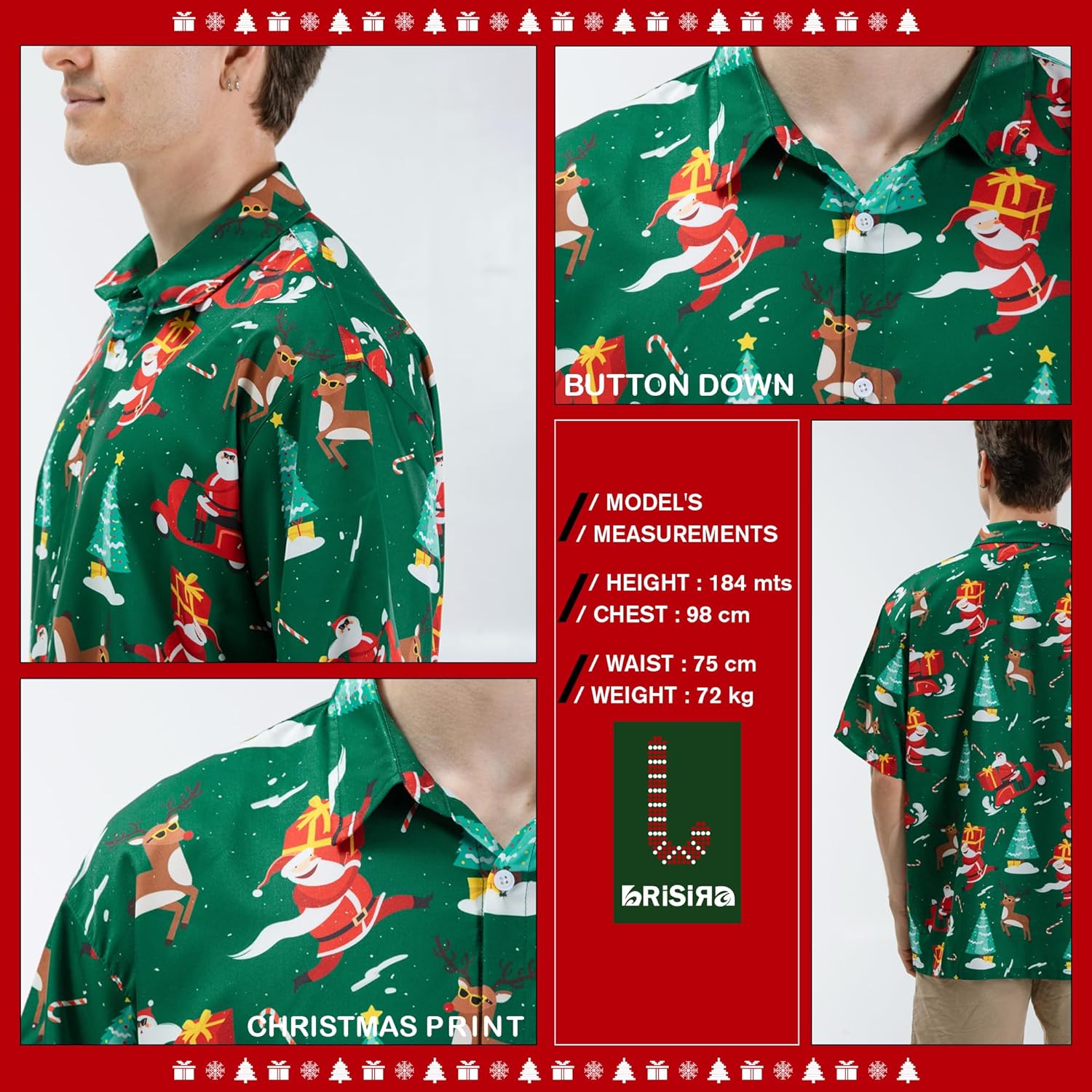 BRISIRA Mens Christmas Shirt Santa Claus Hawaiian Ugly Collared Short Sleeve Printed Button Party Casual Regular Fit S - 6XL - Image 2