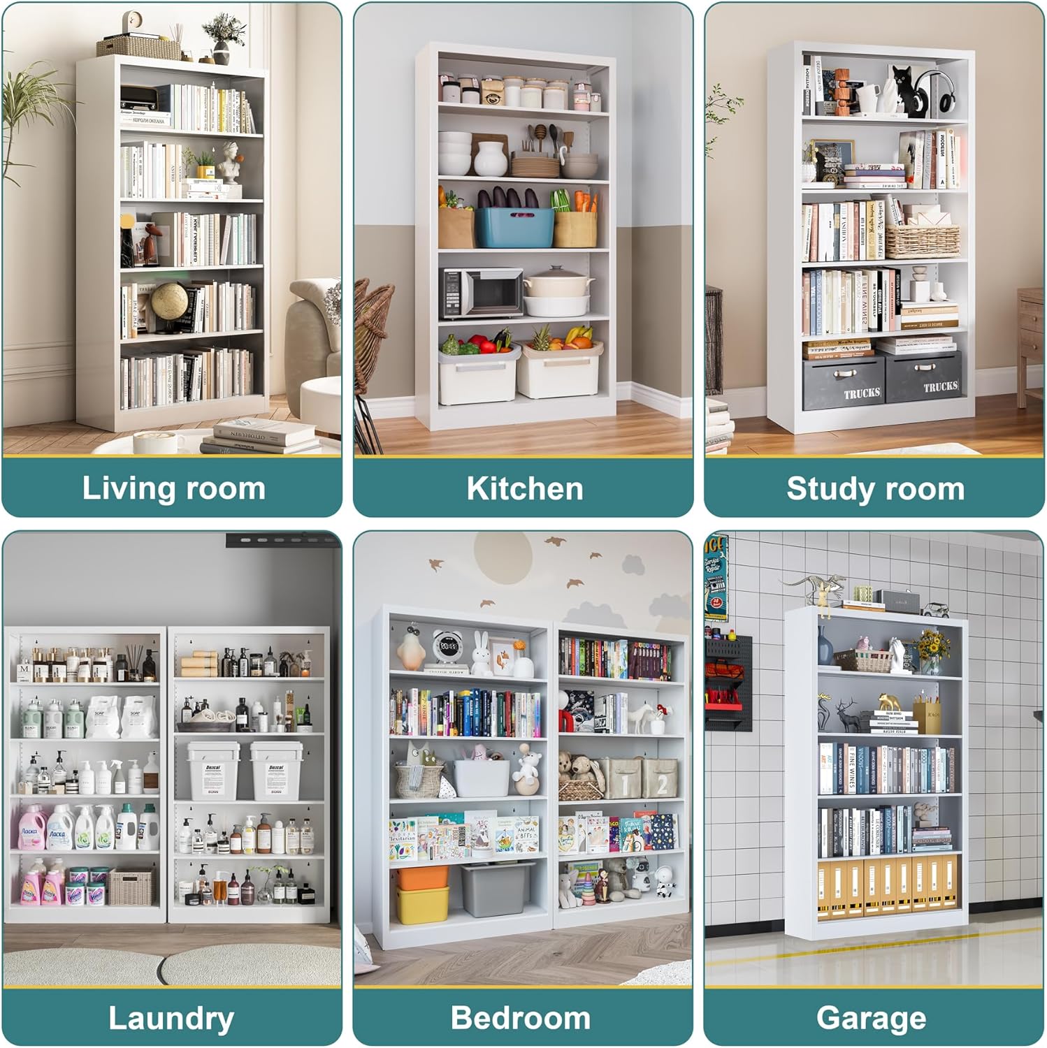 Vinyl Record Shelf Metal with Back Panel, 66" H×33.3" W×14" D, Adjustable 5-Tier Steel Rack – Heavy Duty Storage for Magazines, Books,Cd & Garage (White)