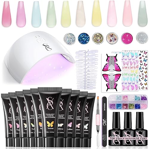 SXC Cosmetics - Kit de uñas de polygel translúcido Butterfly Series Jelly P-05 con lámpara LED 10 unidades de 15 ml de gel de extensión de uñas kit