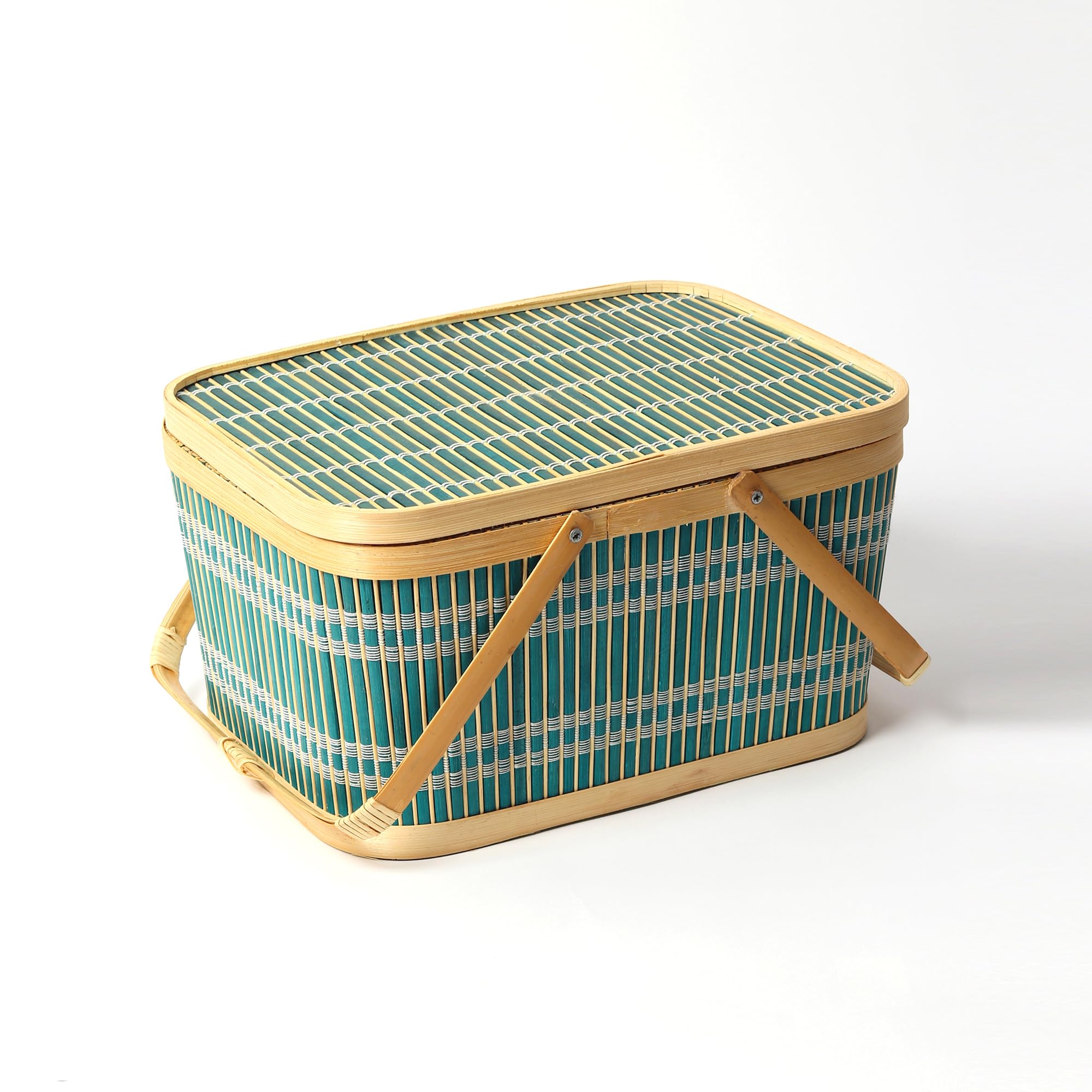 Habere India-All the Cultures Fabricating India Basket for Lunch | Bamboo Picnic Basket with Top Handle | Wicker Morden Picnic Baskets Ideal for Outdoor Dining and Family Picnics (Green) 2