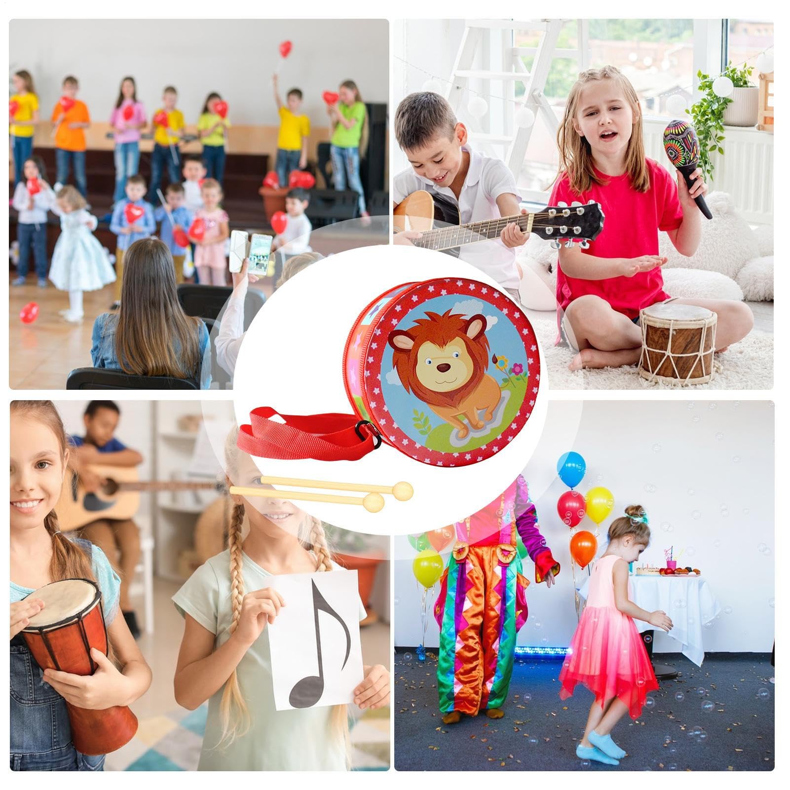 Tambor para niños, instrumento musical de madera con correa y palos, 15 cm, juego de tambor de madera, juguete ideal para niños a partir de 3 años, campana, bebés, aprendizaje educativo — view 7