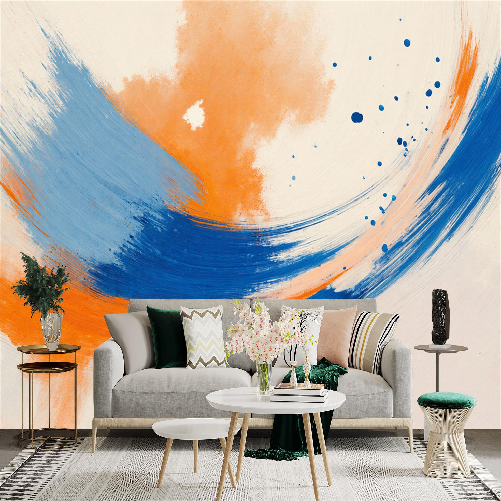 Custom Size Wall Sticker Mural， Modern Abstract Art， Vibrant Orange and Blue Brush Strokes， Dynamic Oil Painting Texture， for wall Decoration， peelandstick wall Decals.