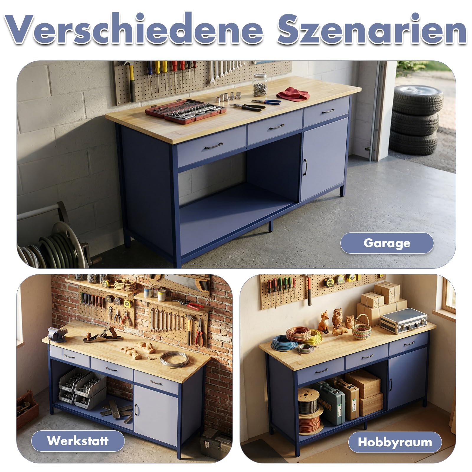Jummico Werkbank bis 500 kg Belastbar 3 gleitfähige Schubladen 1 Offener Stauraum 25 mm Holzplatte Werktisch 160 x 60 x 85 cm