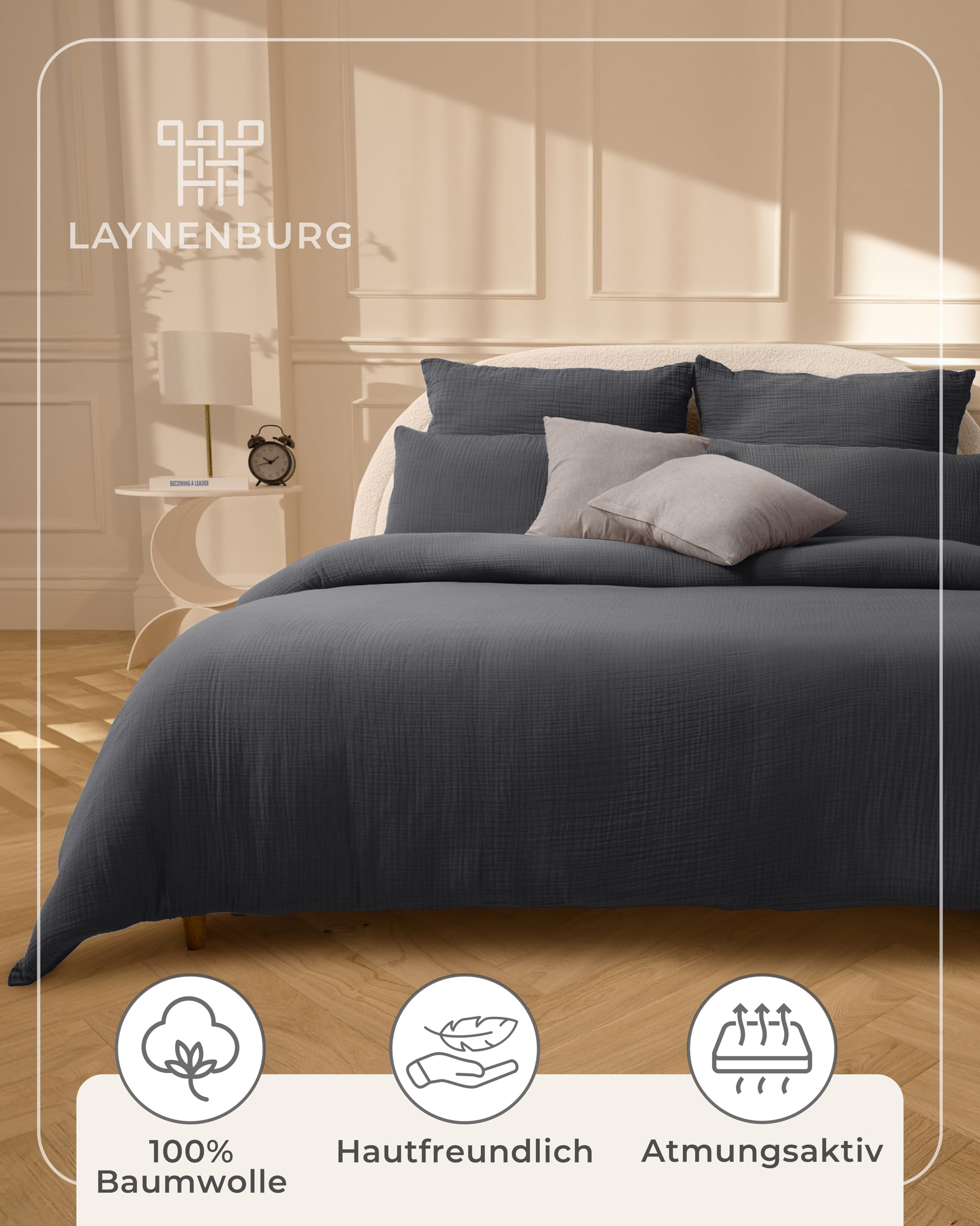 LAYNENBURG Musselin Bettwäsche 135x200 cm + 80x80 cm - Oeko-Tex – 100% Baumwolle – atmungsaktiv & bügelfrei – 2 lagiges Musselin mit Reißverschluss & Haltebändern (anthrazit)